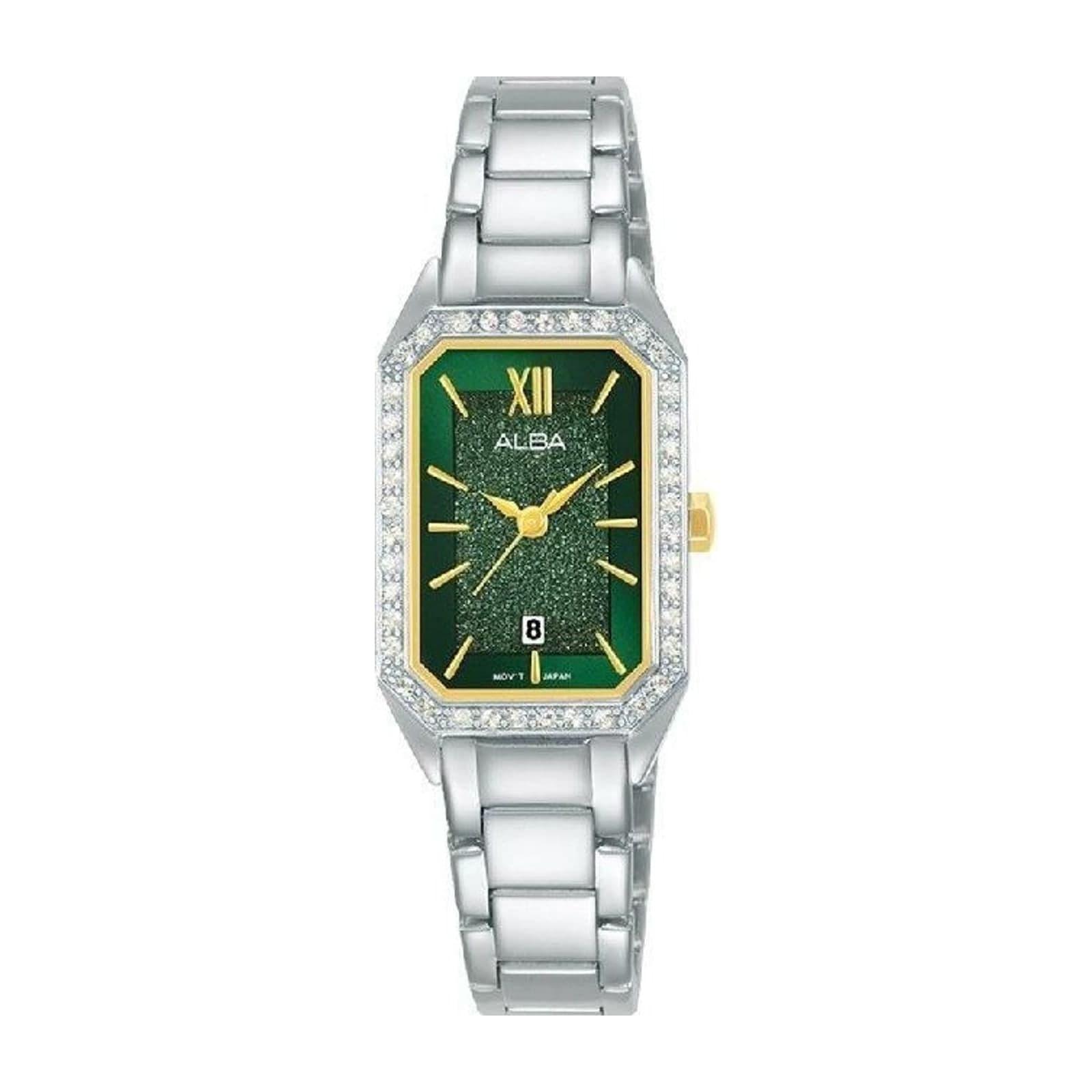 Alba AH7X27X1 Women's Rectangular Watch, Steel Bracelet, Green Dial