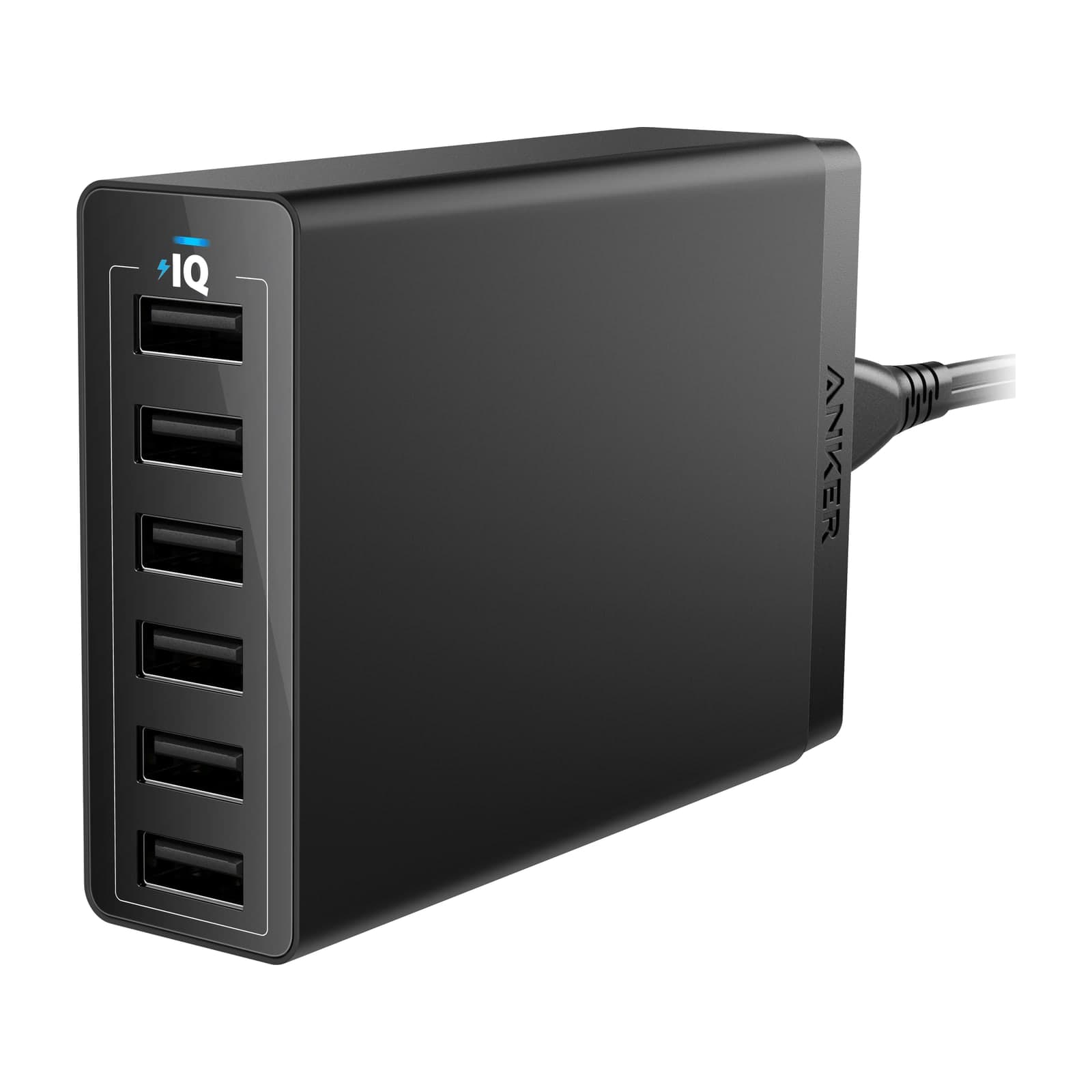 Anker 360 Charger 60 W, black six-port desktop charger with captive mains lead