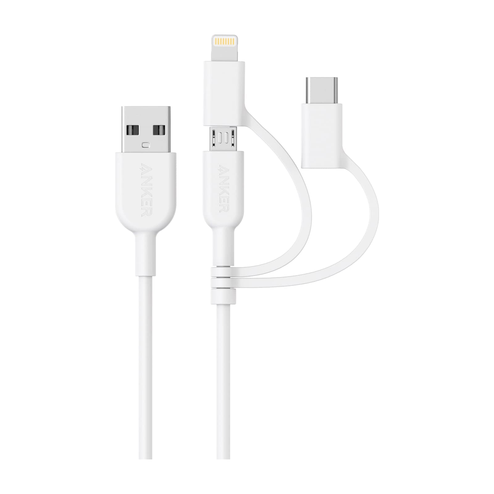 Anker 321 USB-A 3-in-1 charging cable, white, with Lightning, USB-C and Micro-USB heads