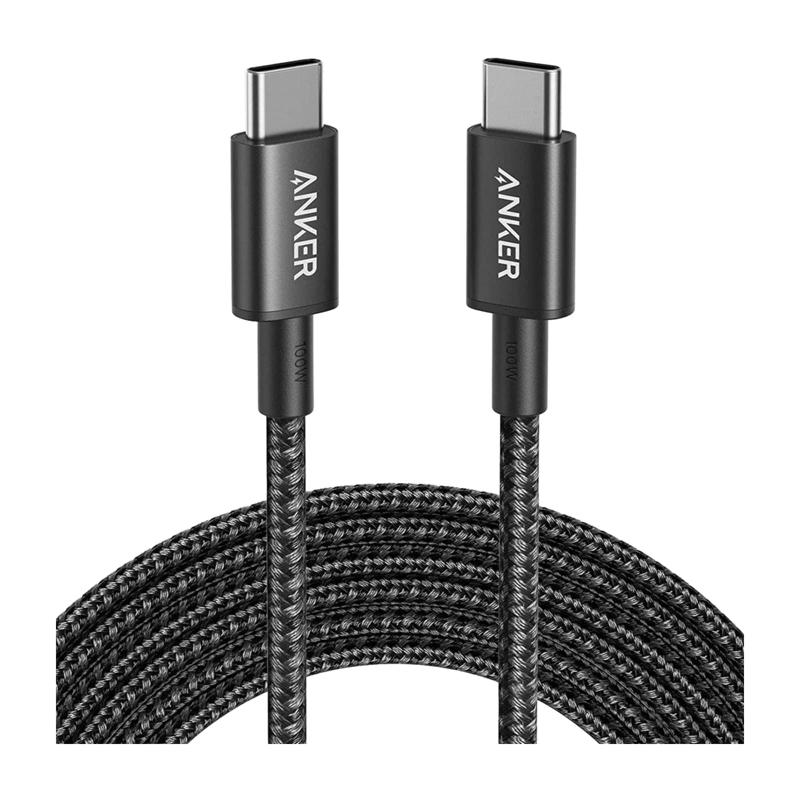 Anker nylon USB-C to USB-C cable, 100 W, black braid, coiled