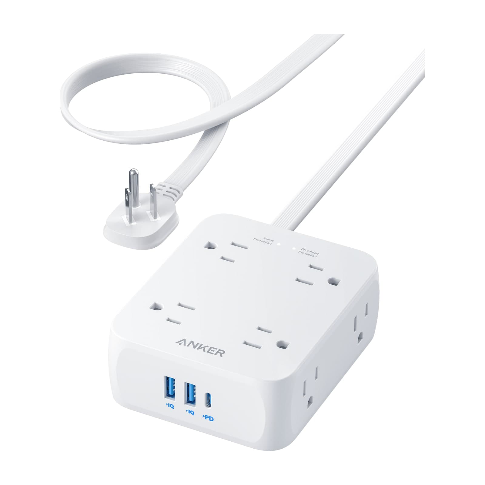 Anker 341 USB power strip, white, US outlets and three USB ports with a flat US plug lead