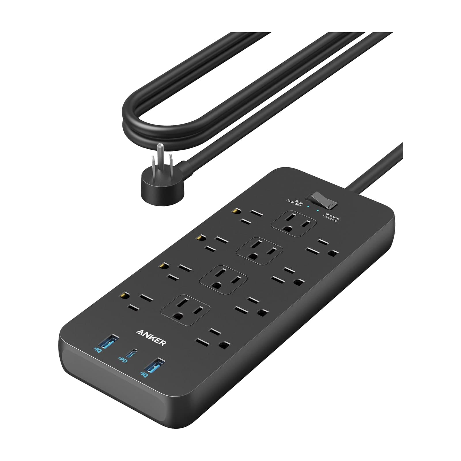 Anker 351 power strip, black, twelve US outlets and three USB ports with a moulded US plug