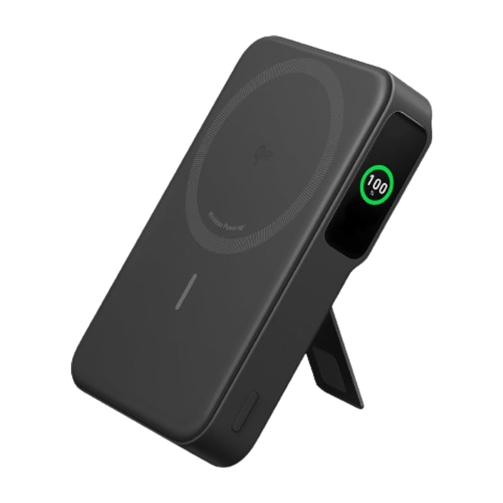 Anker MagGo Power Bank 10,000 mAh, black, kickstand out, display reading 100%