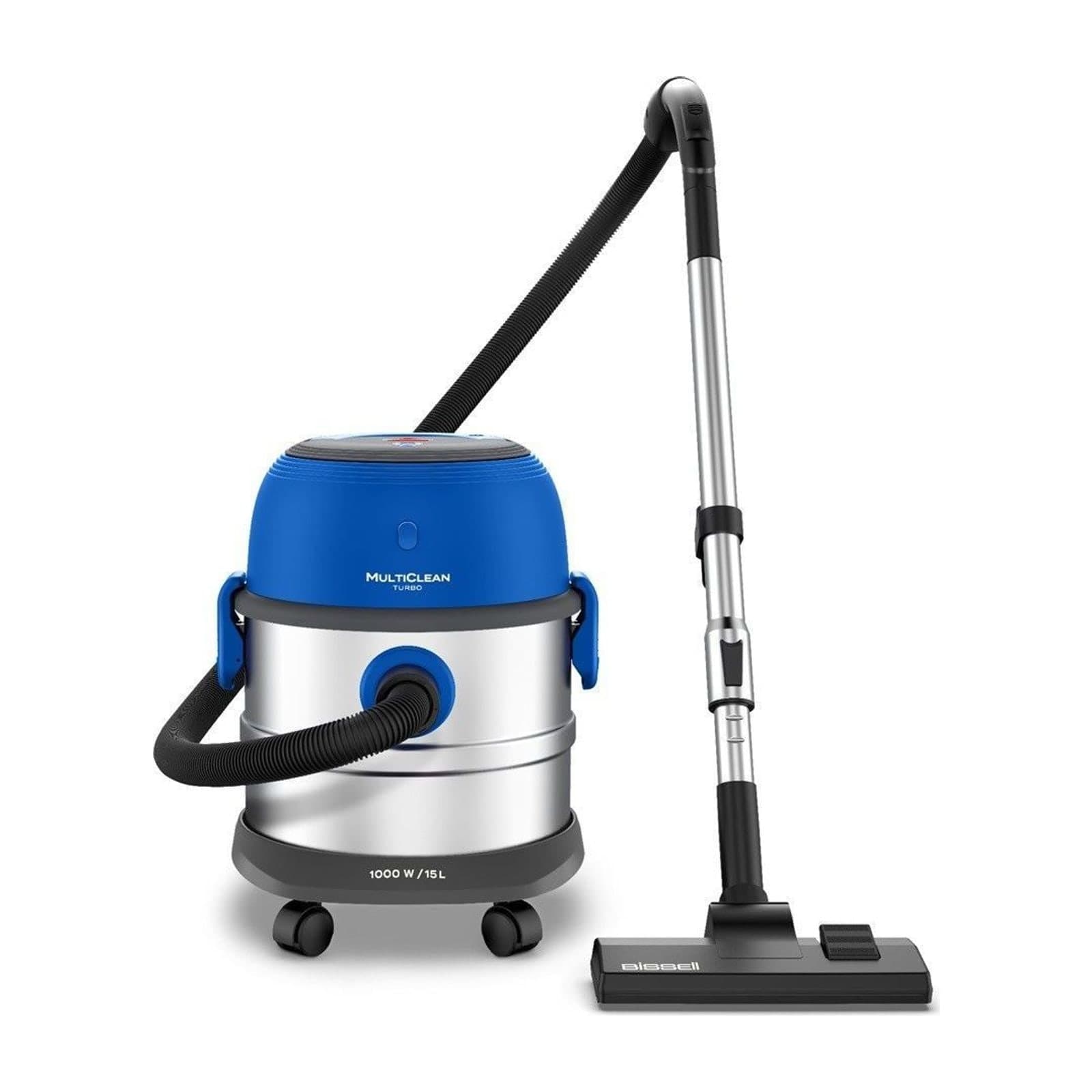 Bissell MultiClean 4113 wet and dry drum vacuum, stainless drum with blue top, hose and floor nozzle