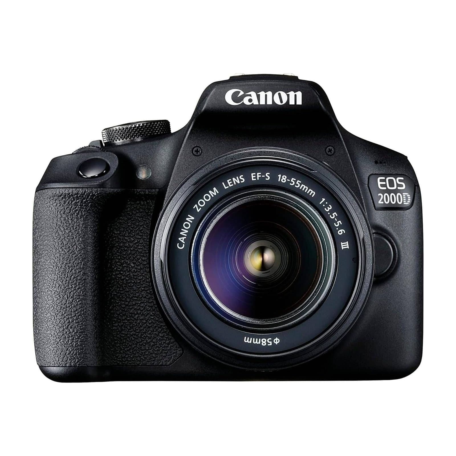 Canon EOS 2000D camera with the EF-S 18-55mm lens fitted, front