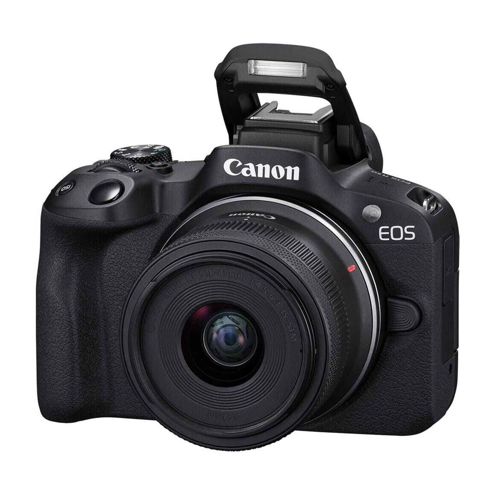 Canon EOS R50 with RF-S 18-45mm lens, three-quarter front