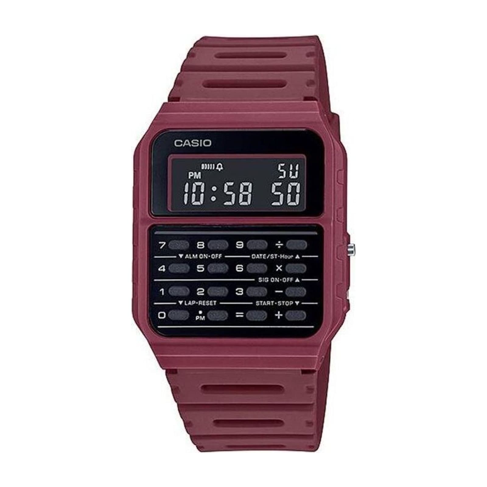 Casio CA-53WF Unisex Calculator Watch, 43 mm, Burgundy Resin