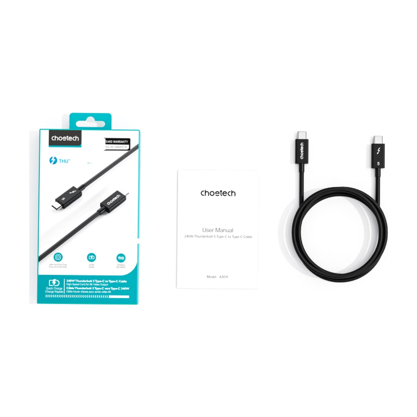 Choetech HyperLink A3011 Thunderbolt 5 Cable, 80 Gbps 240 W, 1 m, Black — alternate view