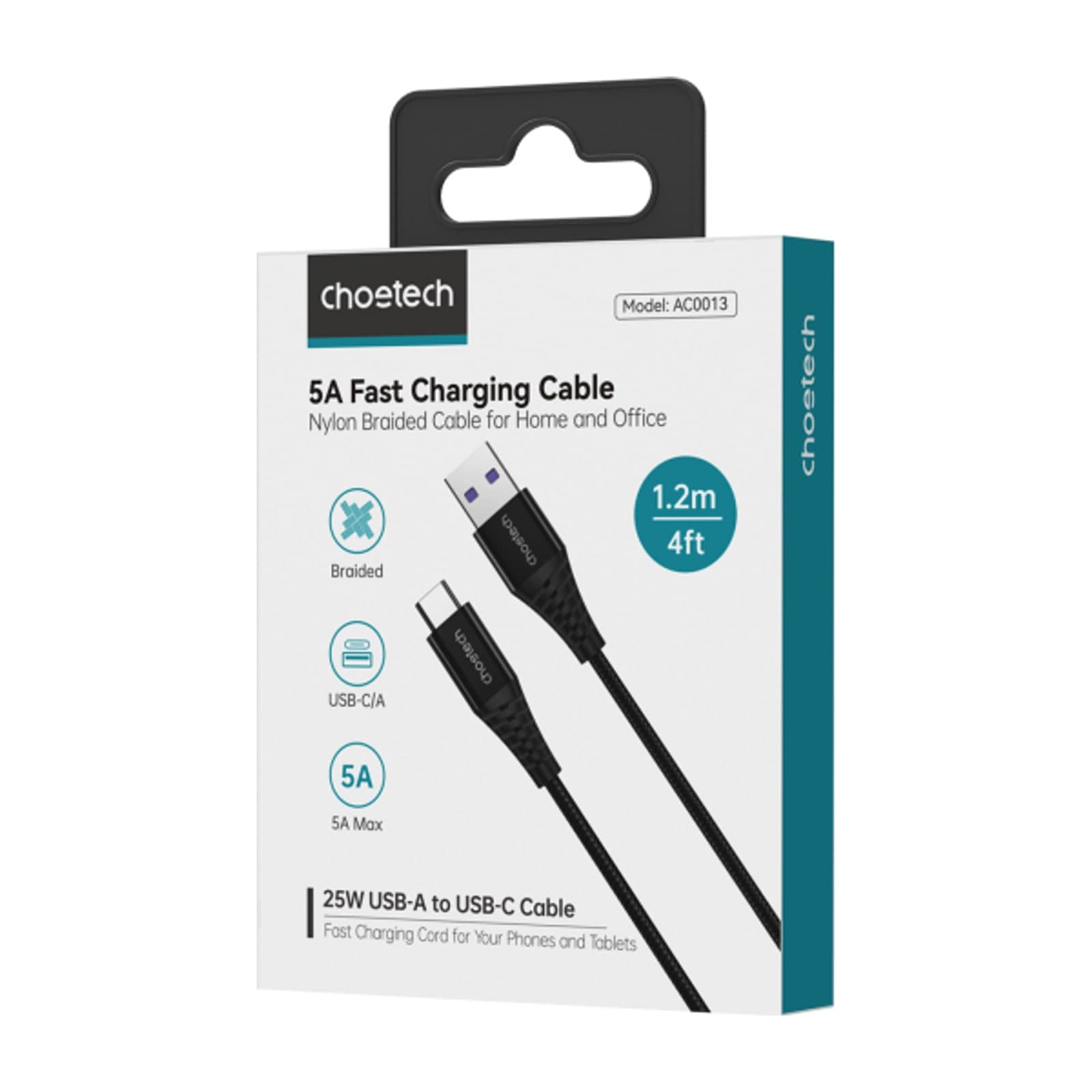 Choetech PowerSync AC0013 USB-A to USB-C Fast Charging Cable, 5 A, 1.2 m, Black — alternate view