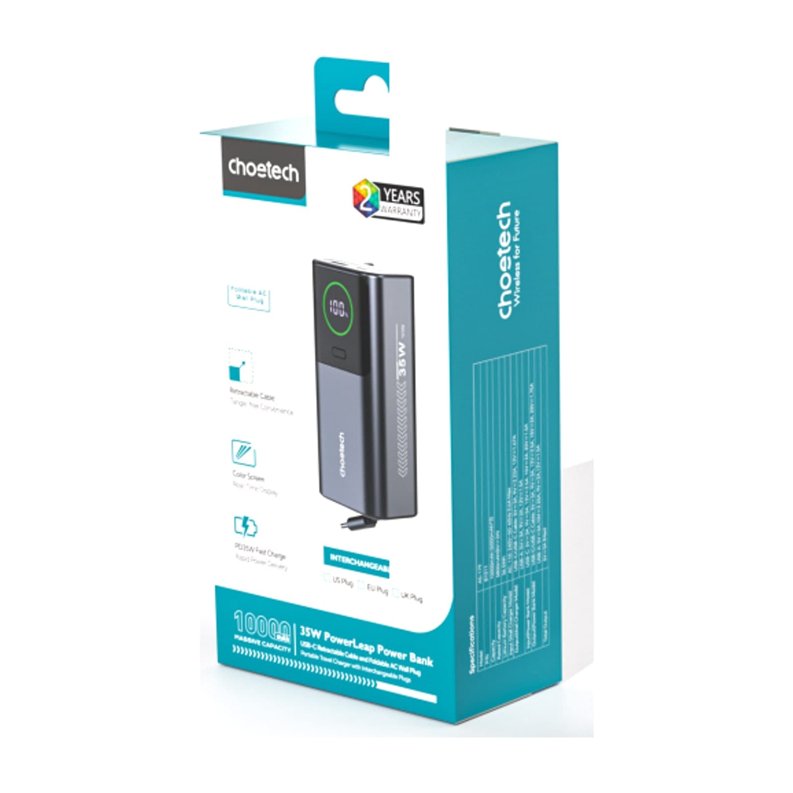 Choetech PowerLeap B1011 Power Bank with Mains Plug, 10000 mAh, 35 W, Grey (Second EAN)