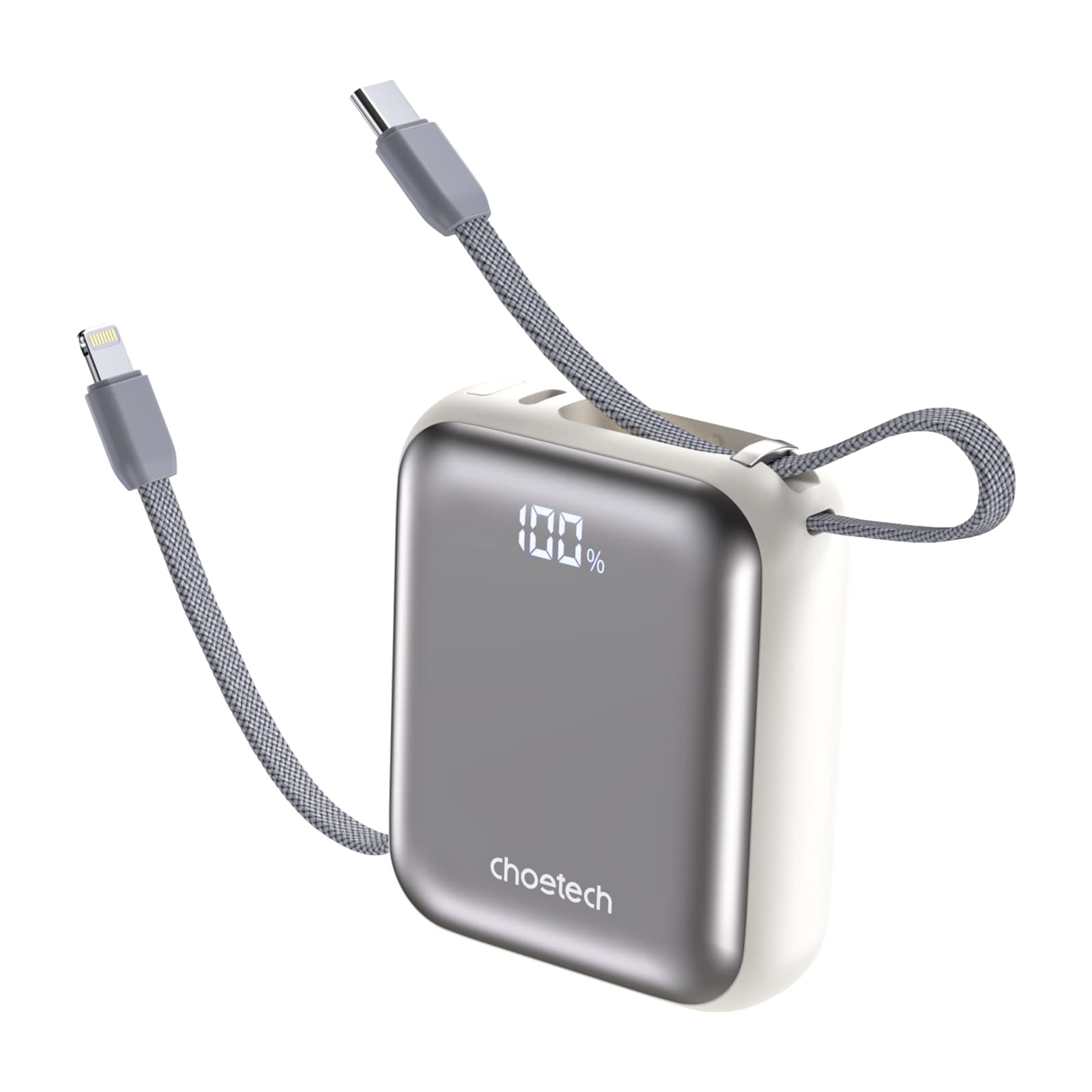 Choetech PowerLeap B1015 Power Bank, 10000 mAh, 35 W, USB-C and Lightning Cables, Silver