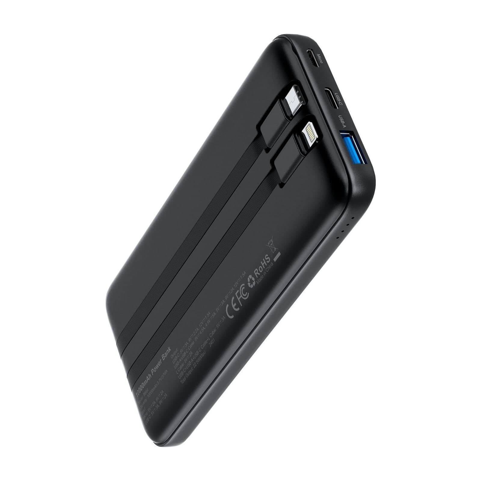 Choetech PowerLeap B654 Power Bank, 10000 mAh, 22.5 W, Built-in Cables, Black
