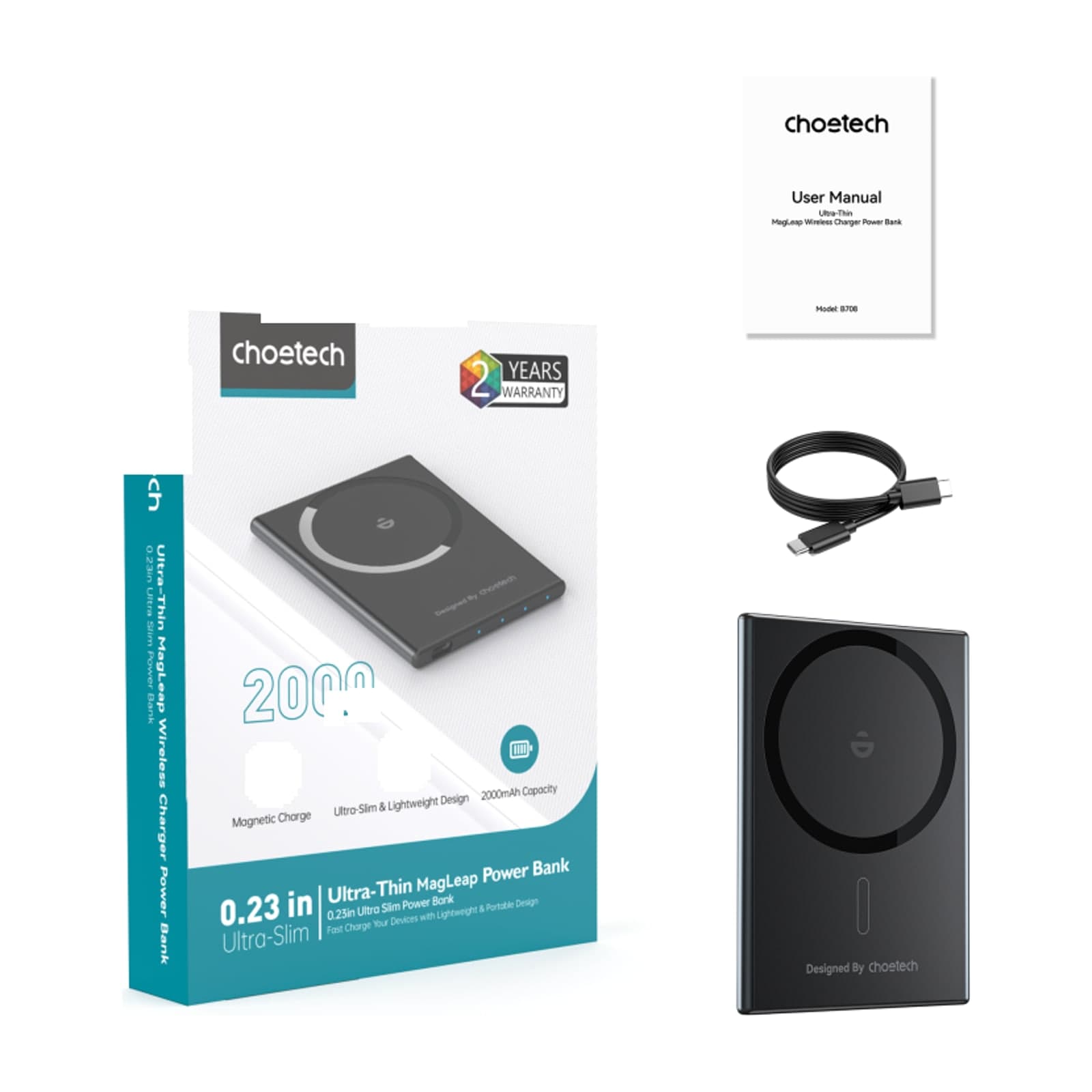 Choetech PowerLeap B708 Magnetic Power Bank, 2000 mAh, 5.5 mm, Black — alternate view