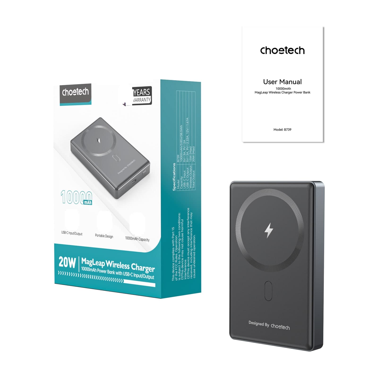 Choetech PowerLeap B739 Magnetic Power Bank, 10000 mAh, 14.6 mm Ultra-Thin, Black — alternate view