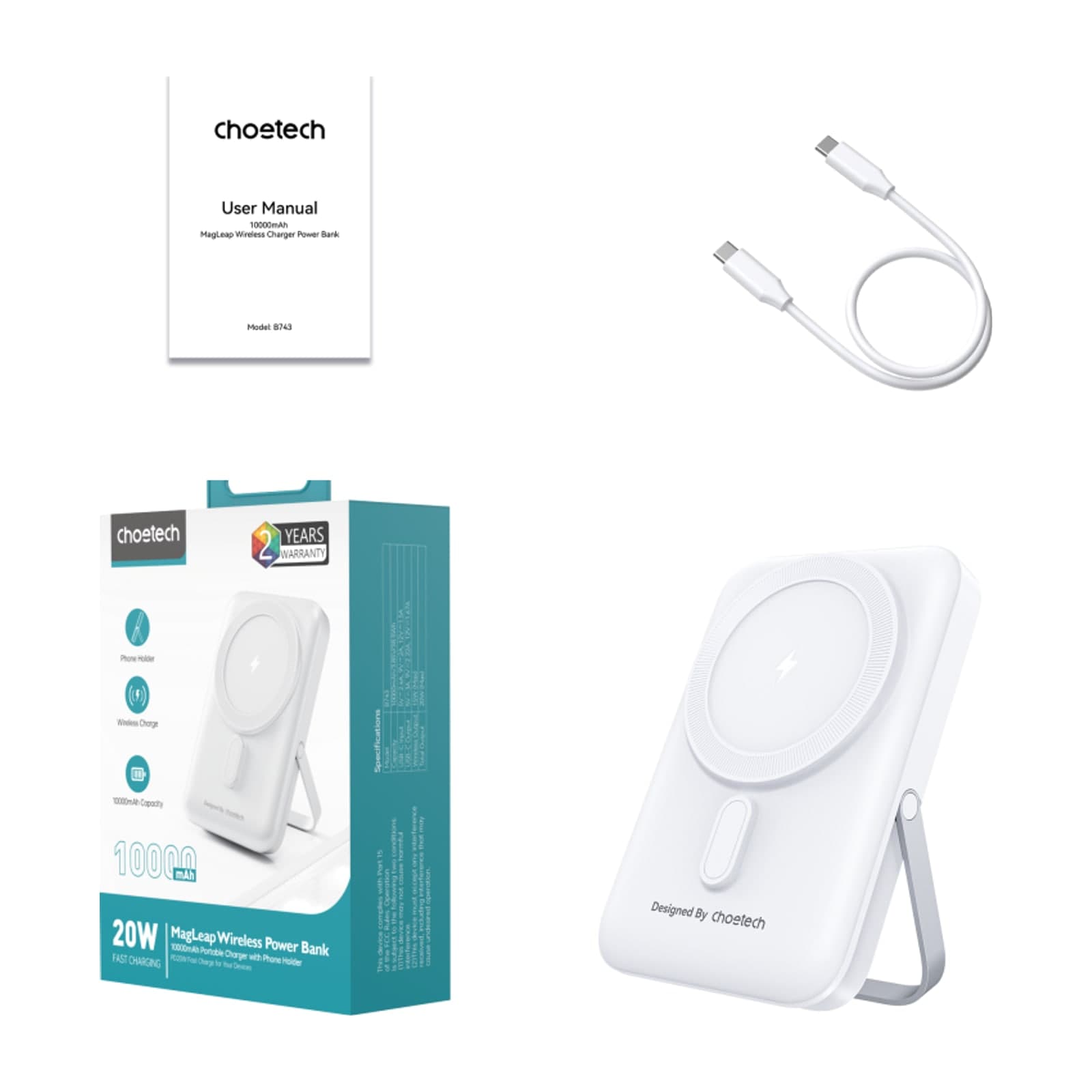 Choetech PowerLeap B742 Magnetic Power Bank with Stand, 5000 mAh, 15 W Wireless, White — alternate view
