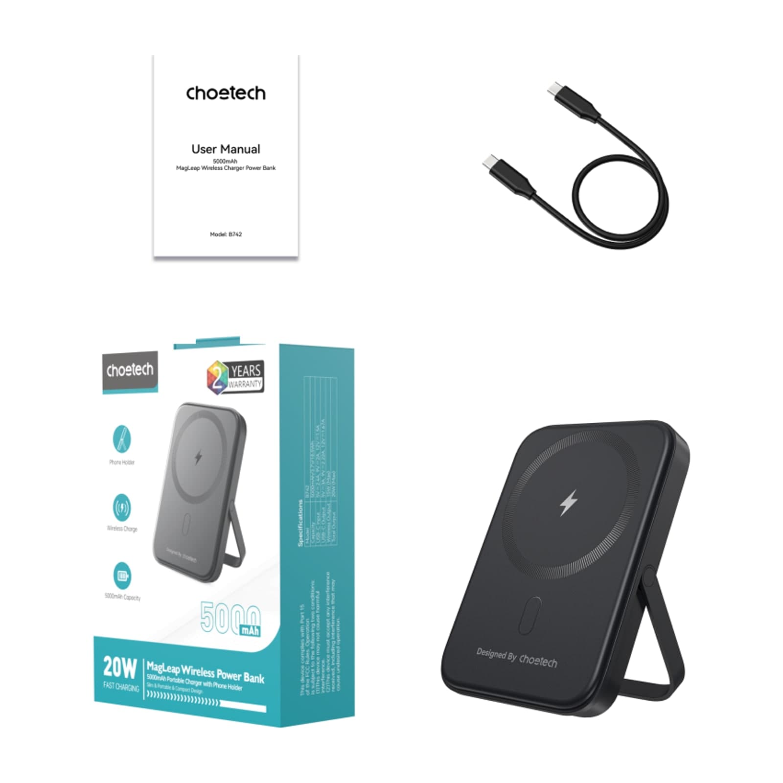 Choetech PowerLeap B743 Magnetic Power Bank with Stand, 10000 mAh, 15 W Wireless, Black — alternate view