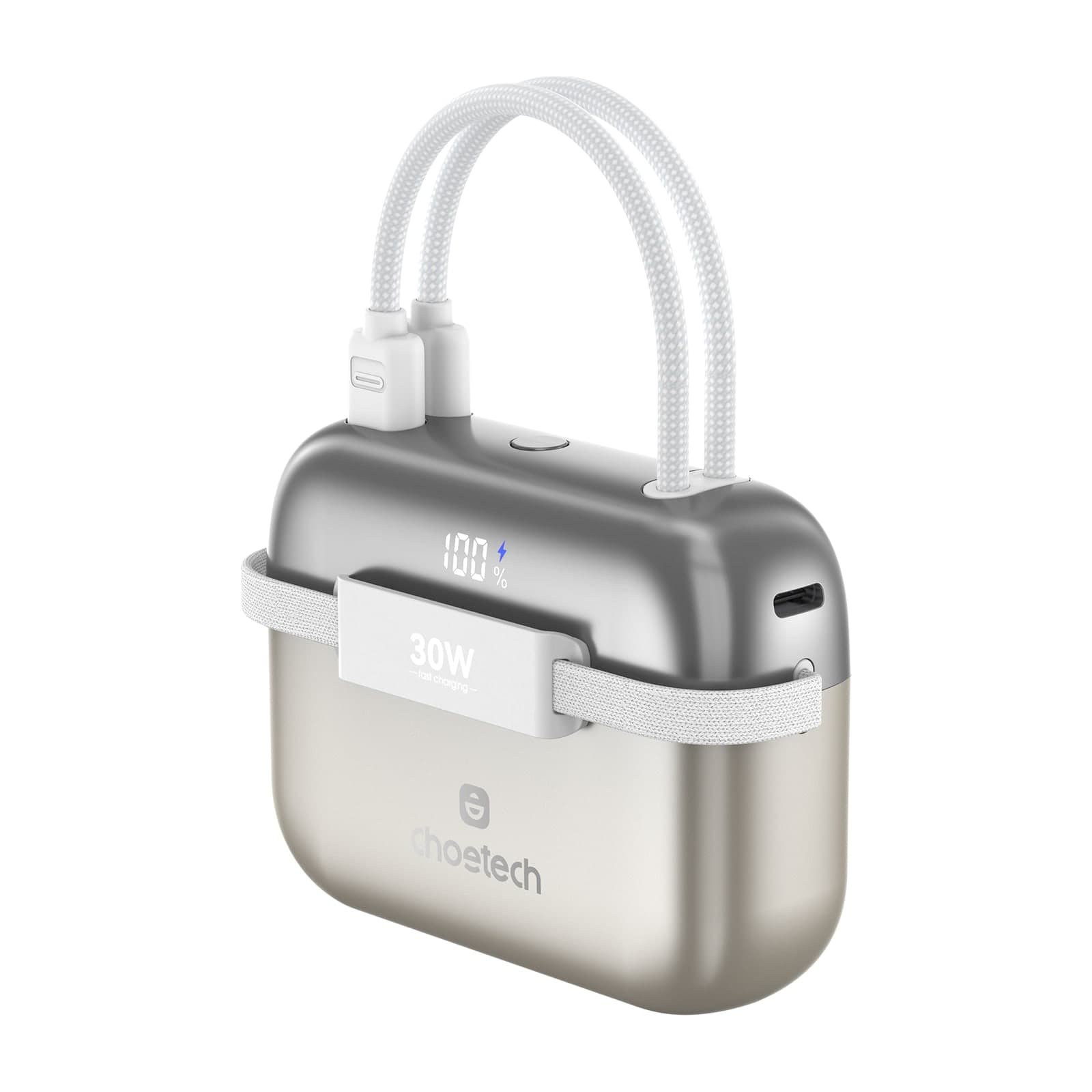Choetech PowerLeap B812C Mini Bag Power Bank, 10000 mAh, 30 W, Two Built-in Cables, Gold
