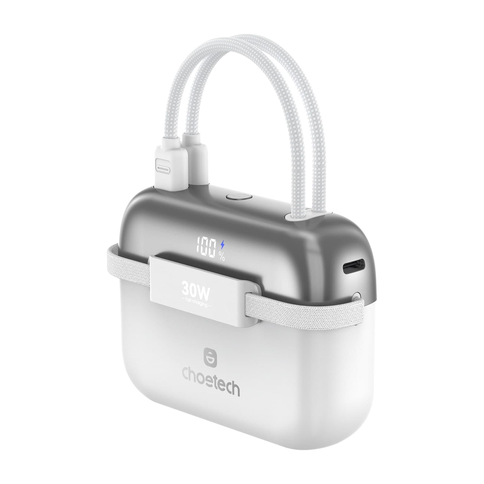 Choetech PowerLeap B812C Mini Bag Power Bank, 10000 mAh, 30 W, Two Built-in Cables, White