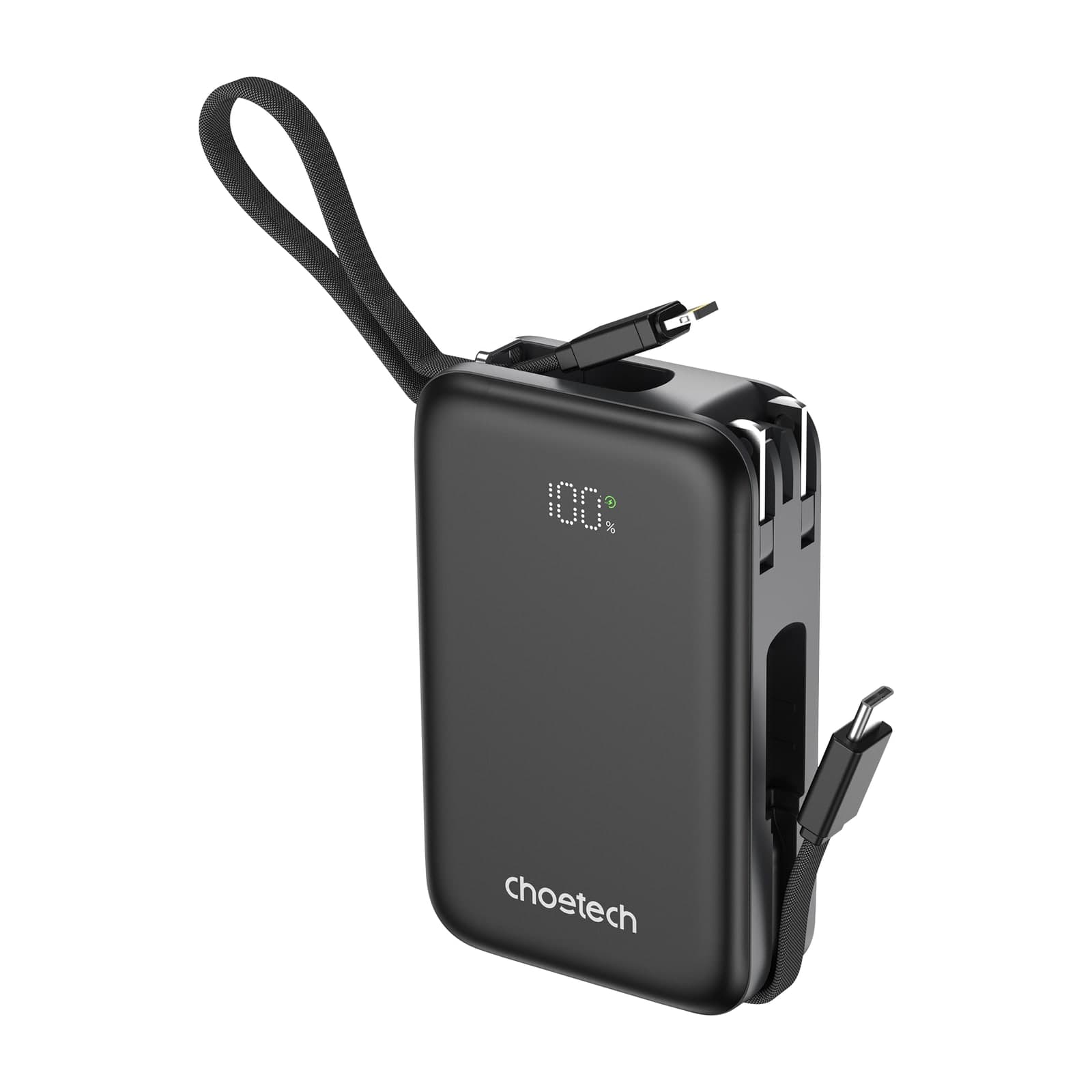 Choetech PowerLeap B838 Power Bank with Mains Plug, 10000 mAh, 45 W, Two Built-in Cables, Black