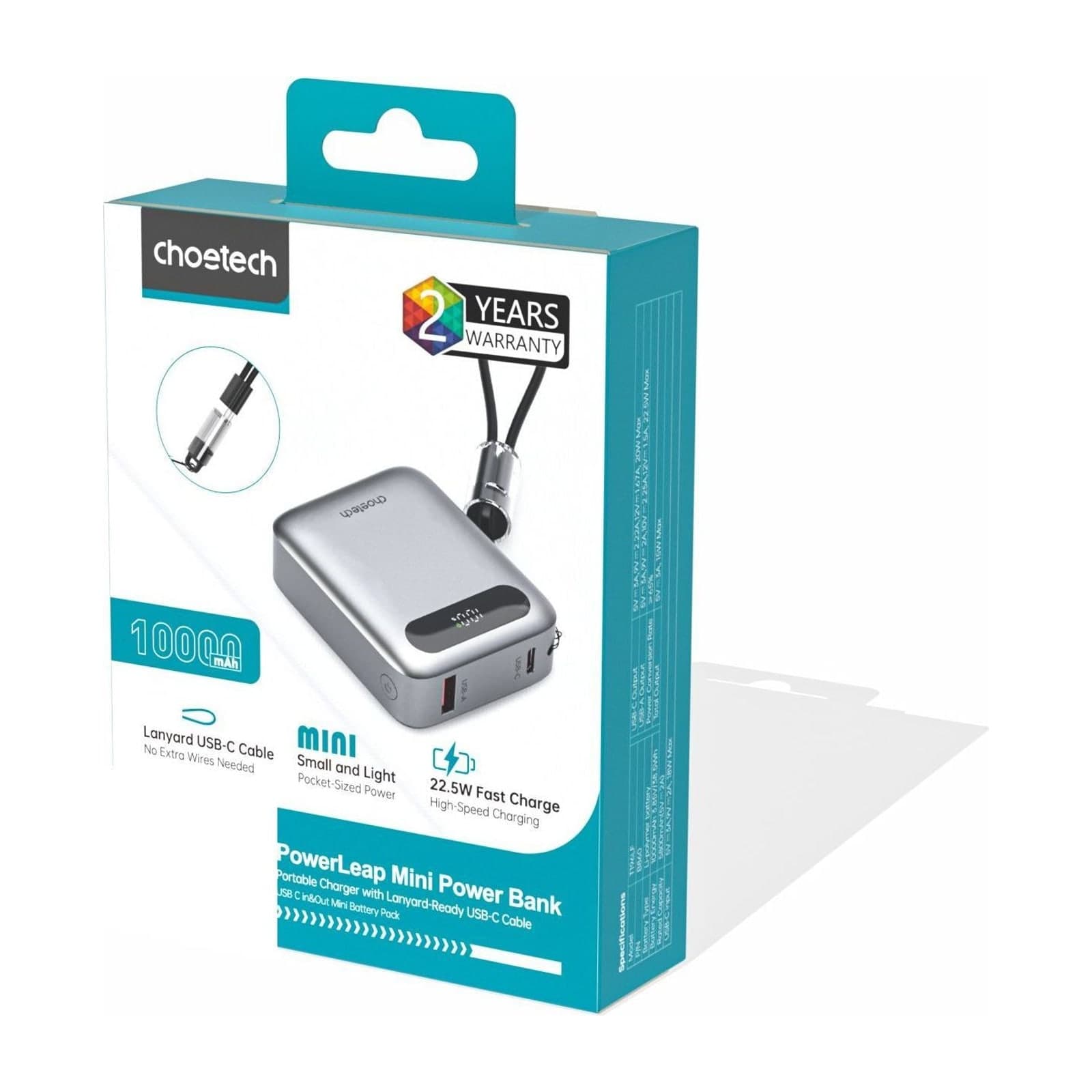 Choetech PowerLeap B860 Power Bank, 10000 mAh, 22.5 W, Built-in Cable, Grey