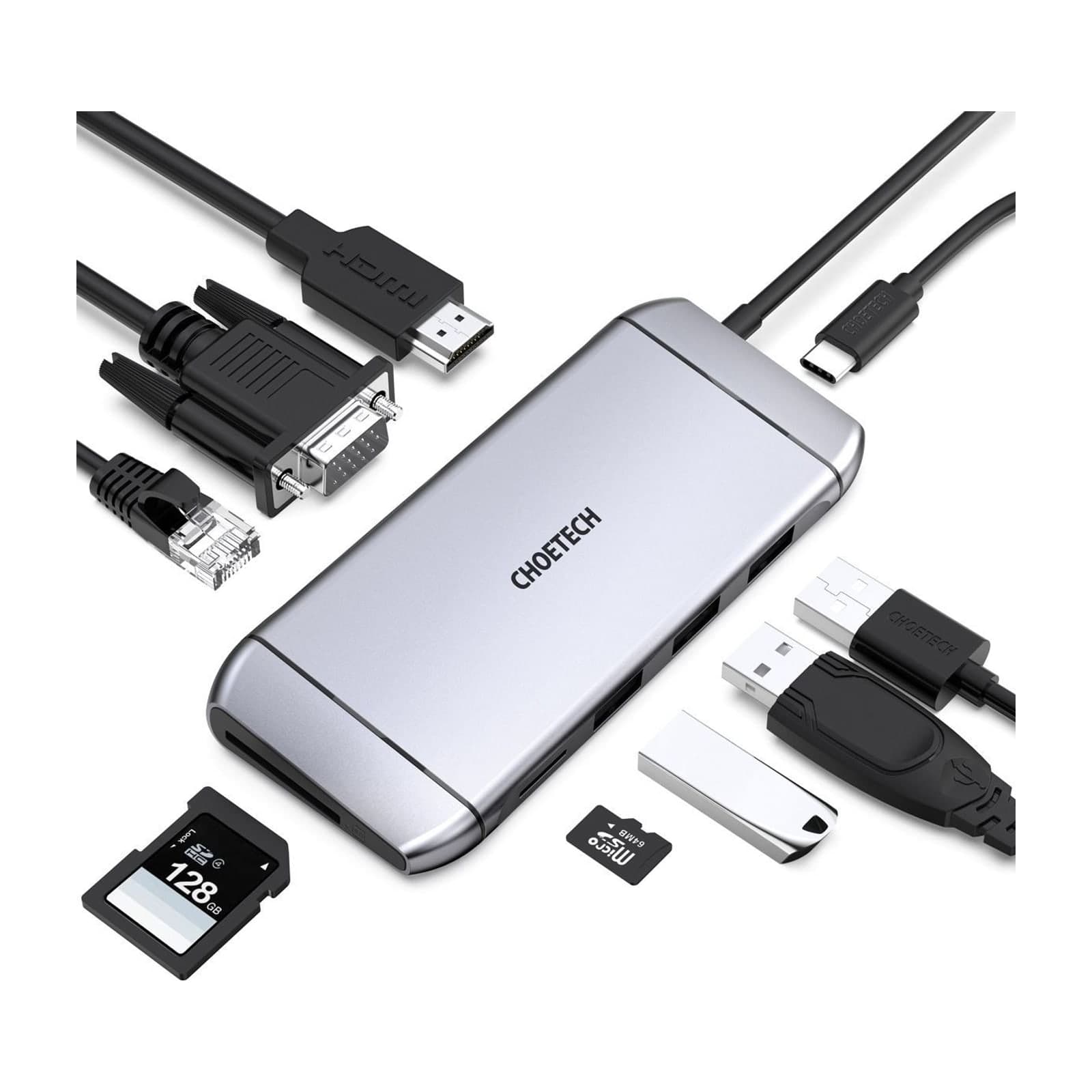 Choetech HubCore HUB-M15 9-in-1 USB-C Docking Station with VGA, Grey