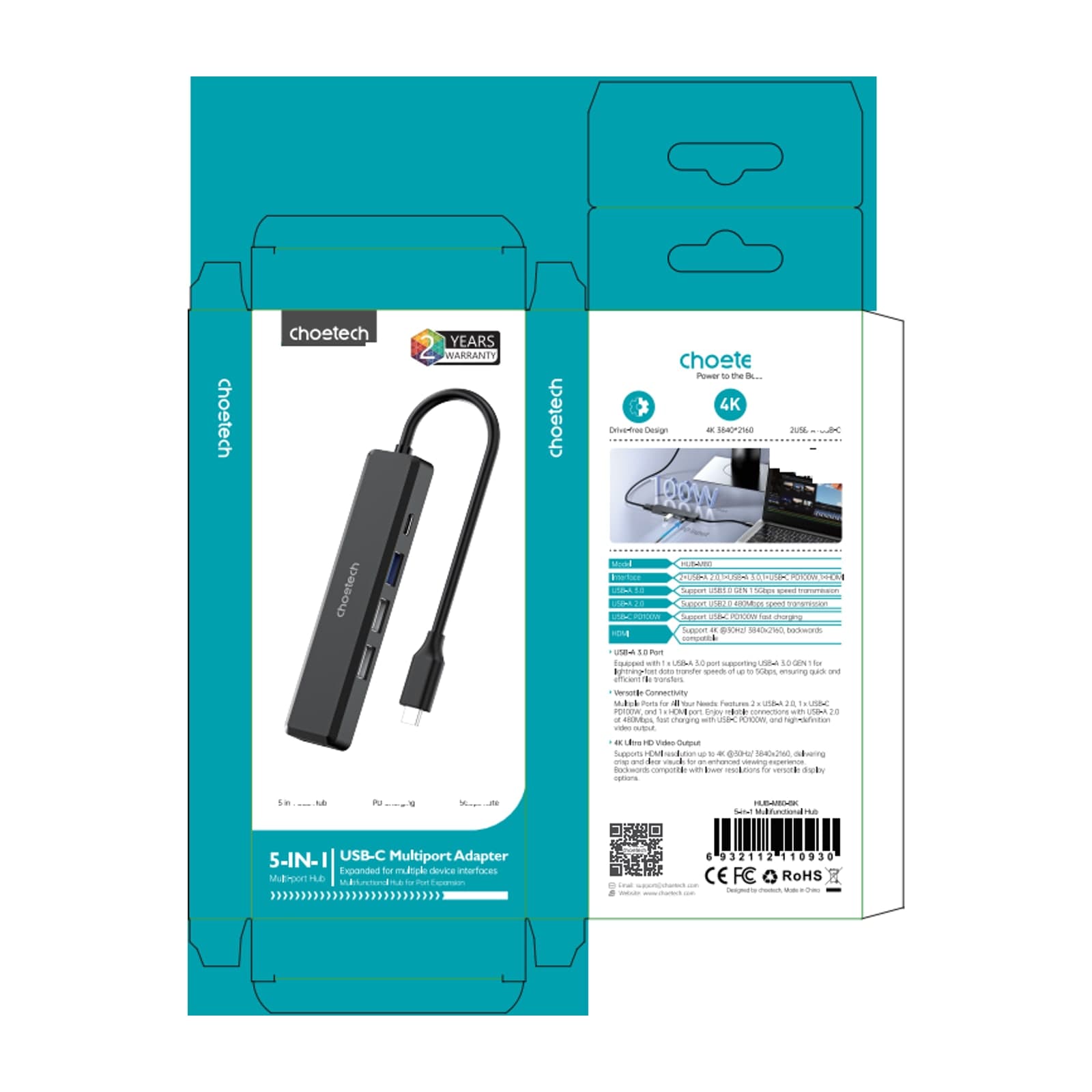 Choetech هَب كور HUB-M86 موزّع USB-C 5 في 1، HDMI وتمرير 100 واط، ABS — alternate view
