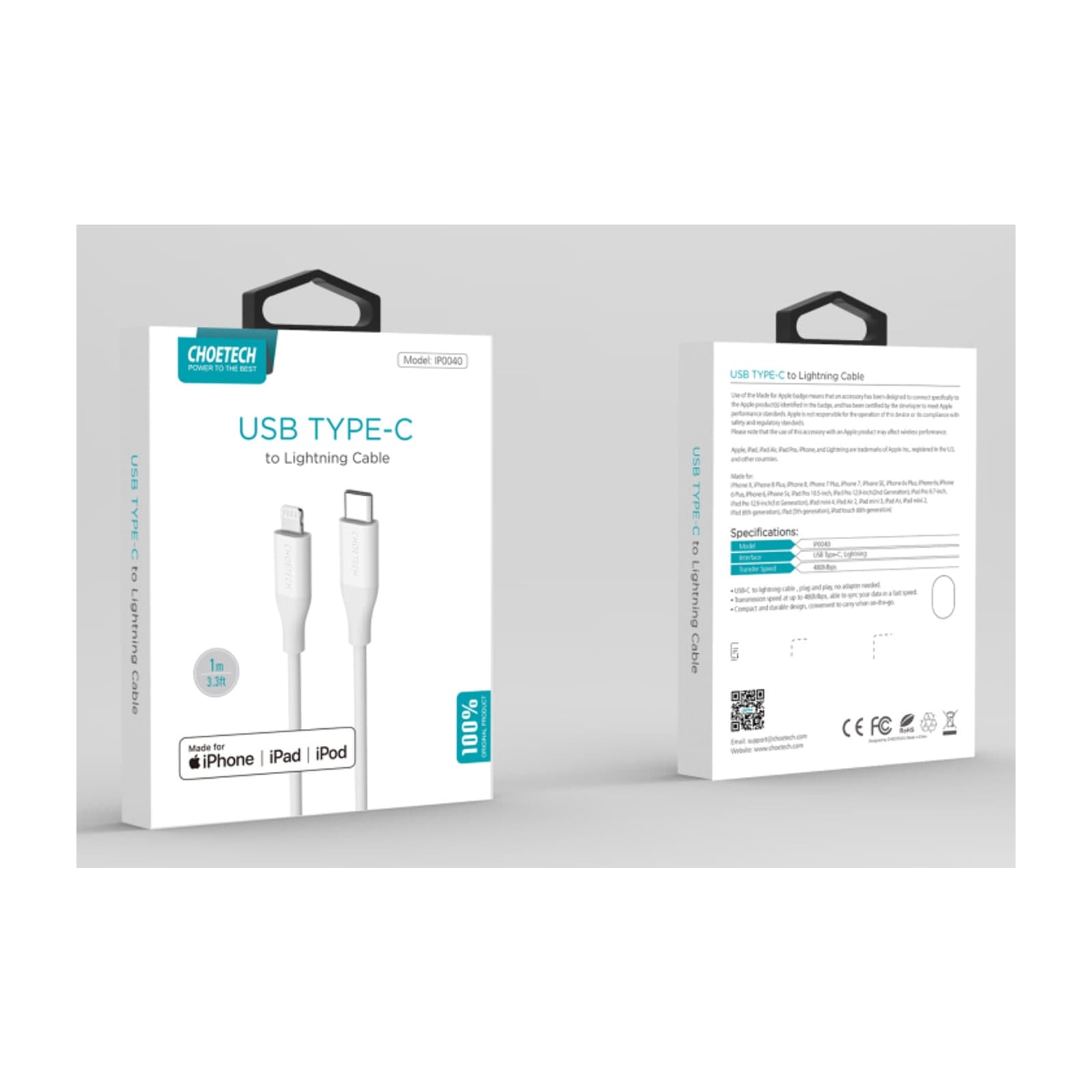 Choetech IP0040 MFi USB-C to Lightning Cable, PD 18-30W, 1.2 m, White — alternate view