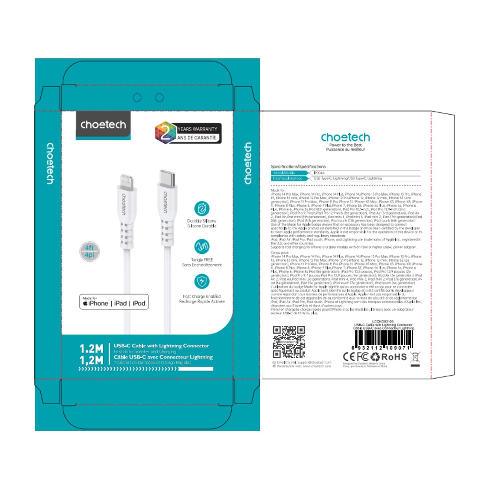 Choetech IP0044 MFi USB-C to Lightning Cable, 1.2 m, White — alternate view