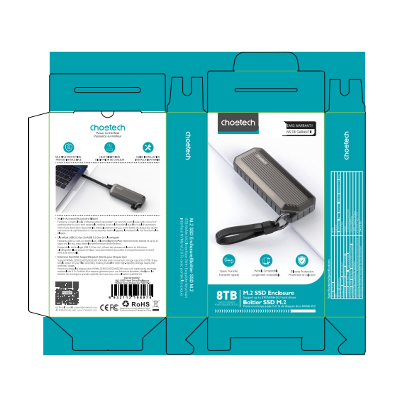 Choetech درايف برو MSE004 علبة قرص SSD من نوع M.2 NVMe، 10 جيجابت/ثانية، ألومنيوم، رمادي — alternate view