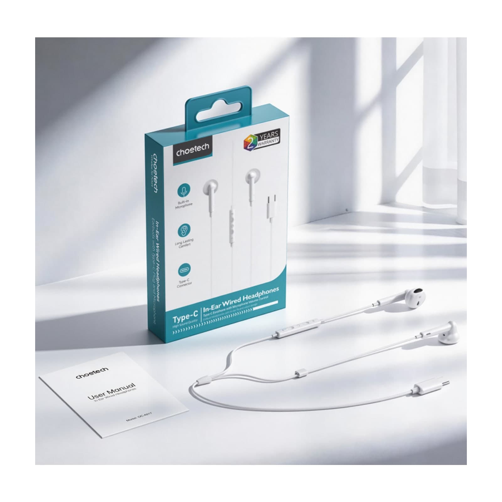 Choetech Aura OC-A017 Wired Earphones, USB-C, 1.2 m, White — alternate view