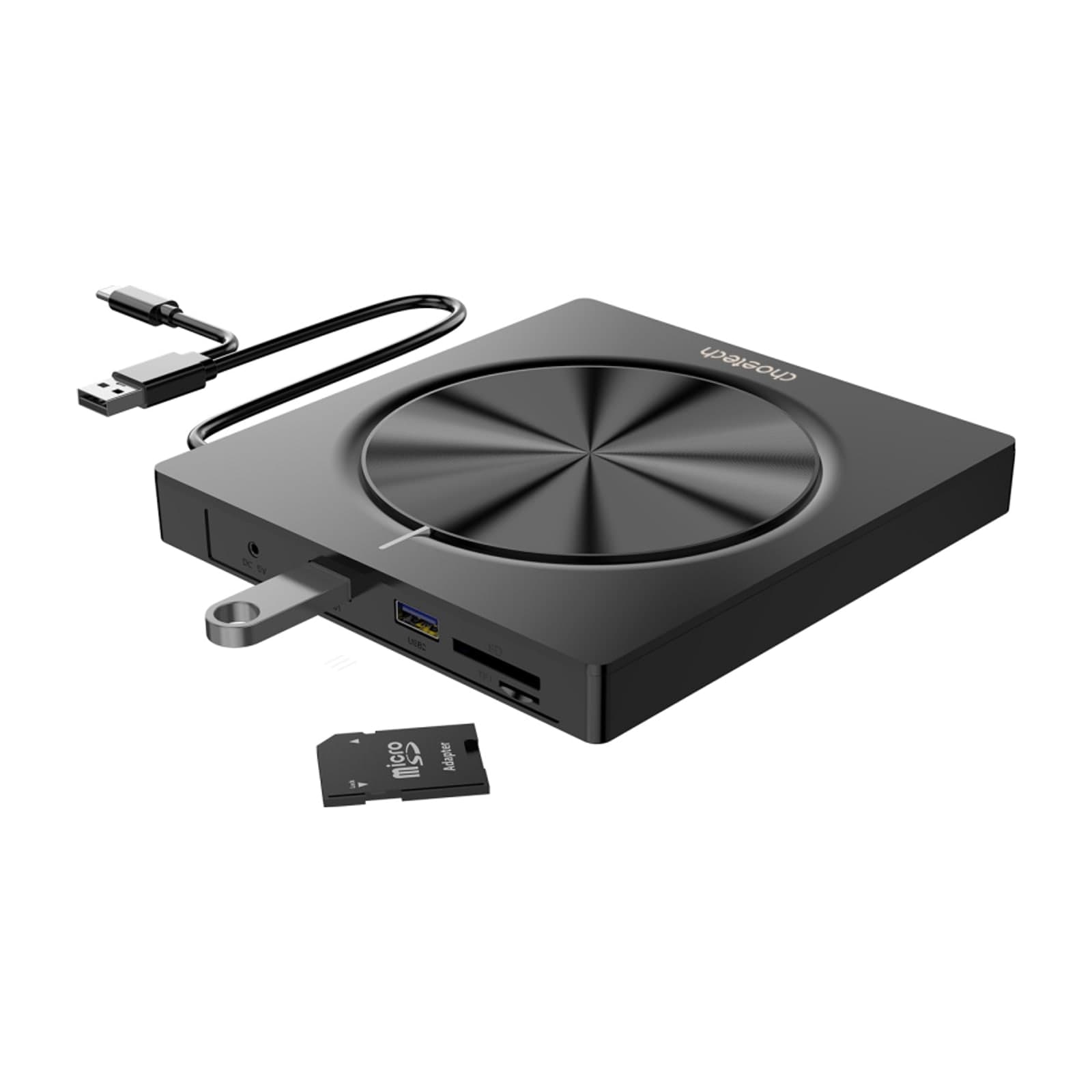Choetech OptiDrive PC-CDROM002 5-in-1 External DVD Writer with USB Hub and Card Reader, Black