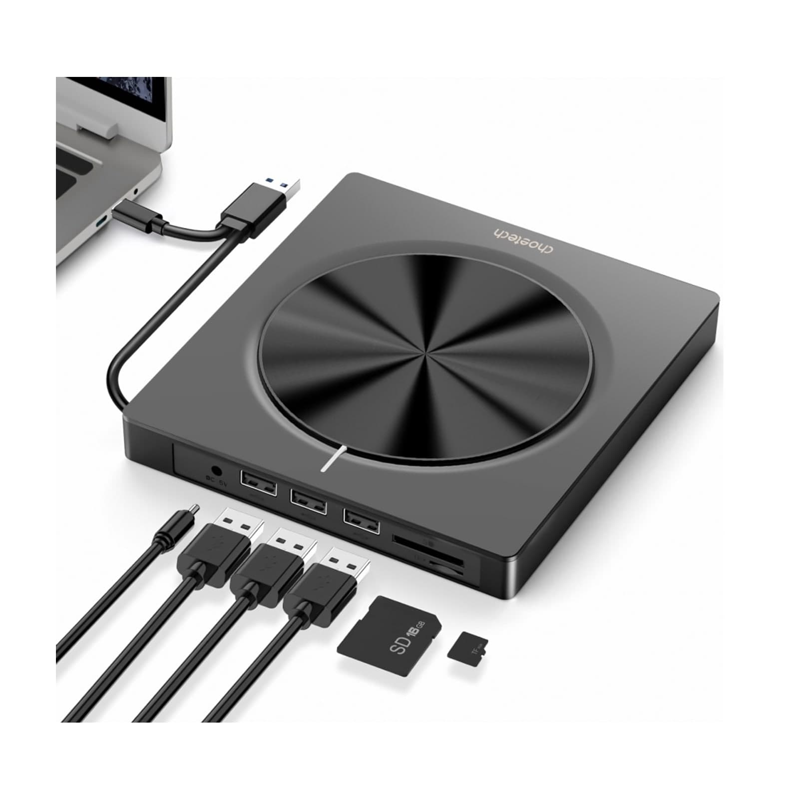 Choetech OptiDrive PC-CDROM003 7-in-1 External DVD Writer with USB Hub and Card Reader, Black