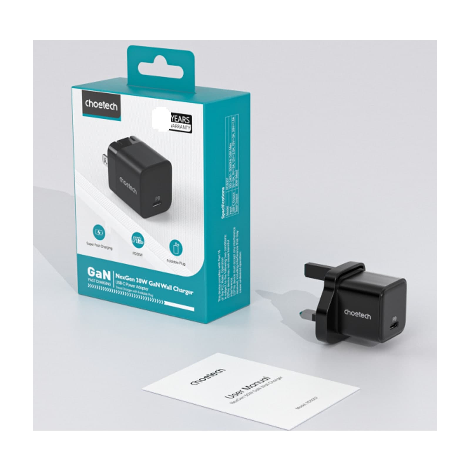 Choetech NexGen PD3007 شاحن جداري 30 واط بتقنية GaN، قابس أمريكي، أسود — alternate view