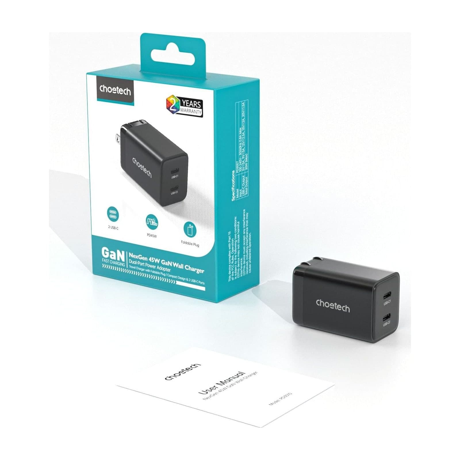 Choetech NexGen PD45W GaN Charger, US, 2C, black — alternate view