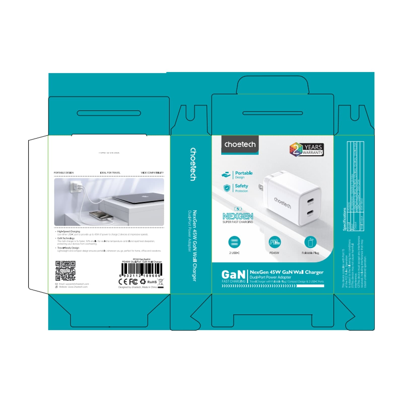 Choetech NexGen PD45W GaN Charger, US, 2C, white — alternate view