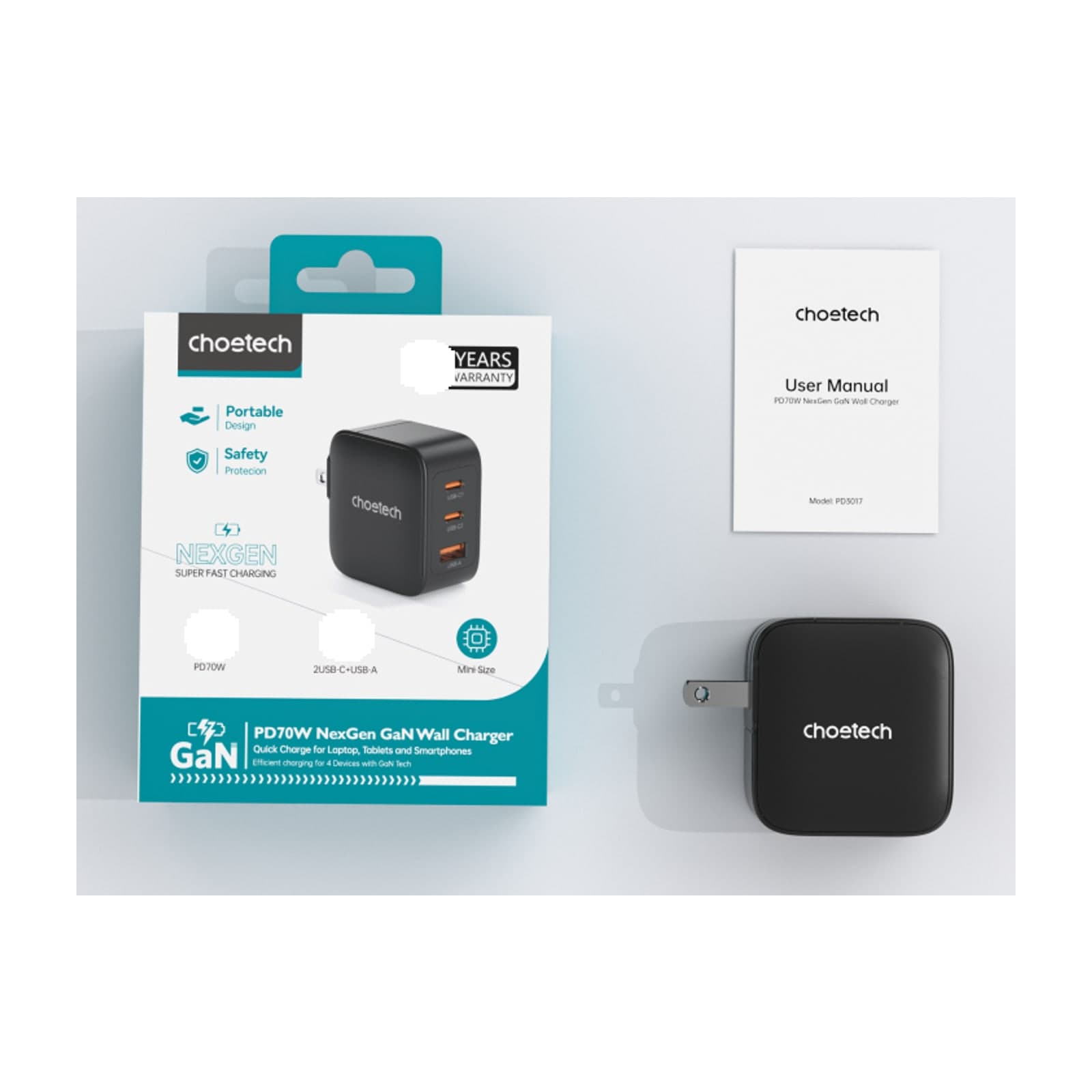 Choetech NexGen PD70W GaN Charger, US, 1A2C, black — alternate view