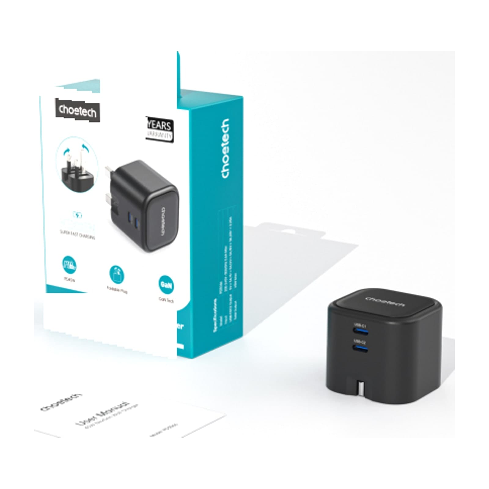 Choetech NexGen PD45W GaN Charger, foldable, UK, 1A1C, black — alternate view
