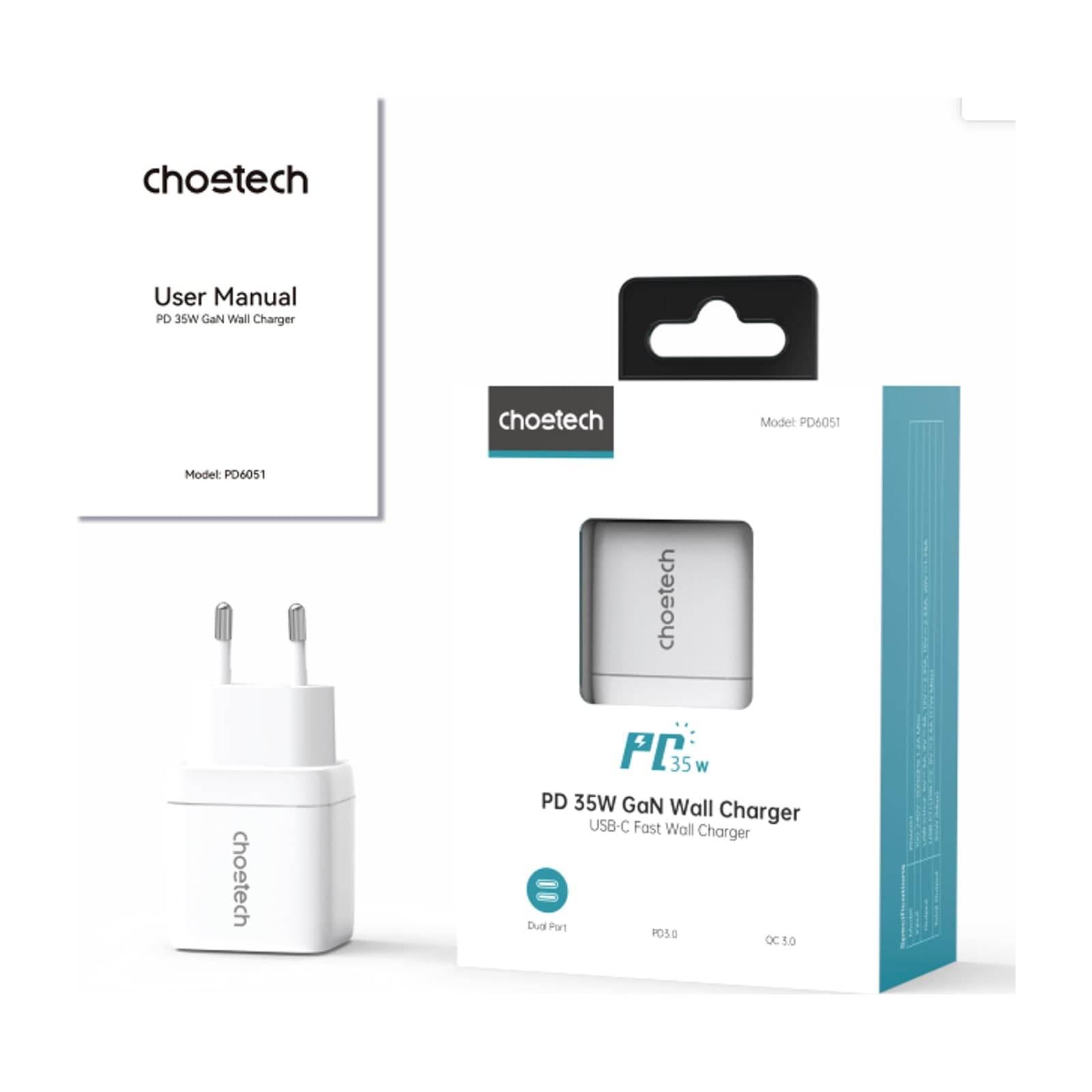 Choetech NexGen PD35W GaN Charger, with display, EU, 2C, white — alternate view