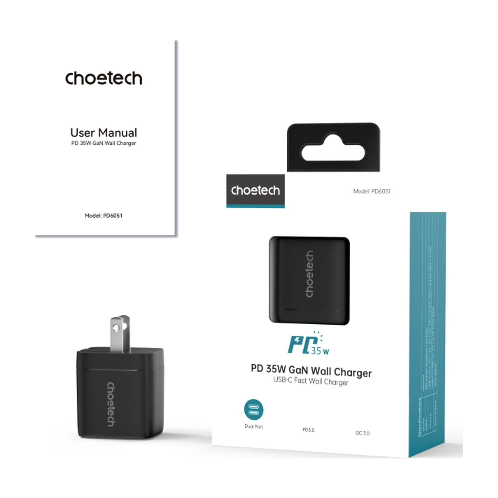 Choetech NexGen PD35W GaN Charger, with display, US, 2C, black — alternate view