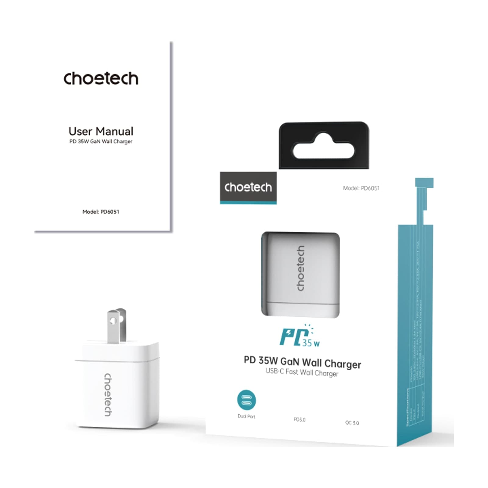 Choetech NexGen PD35W GaN Charger, with display, US, 2C, white — alternate view