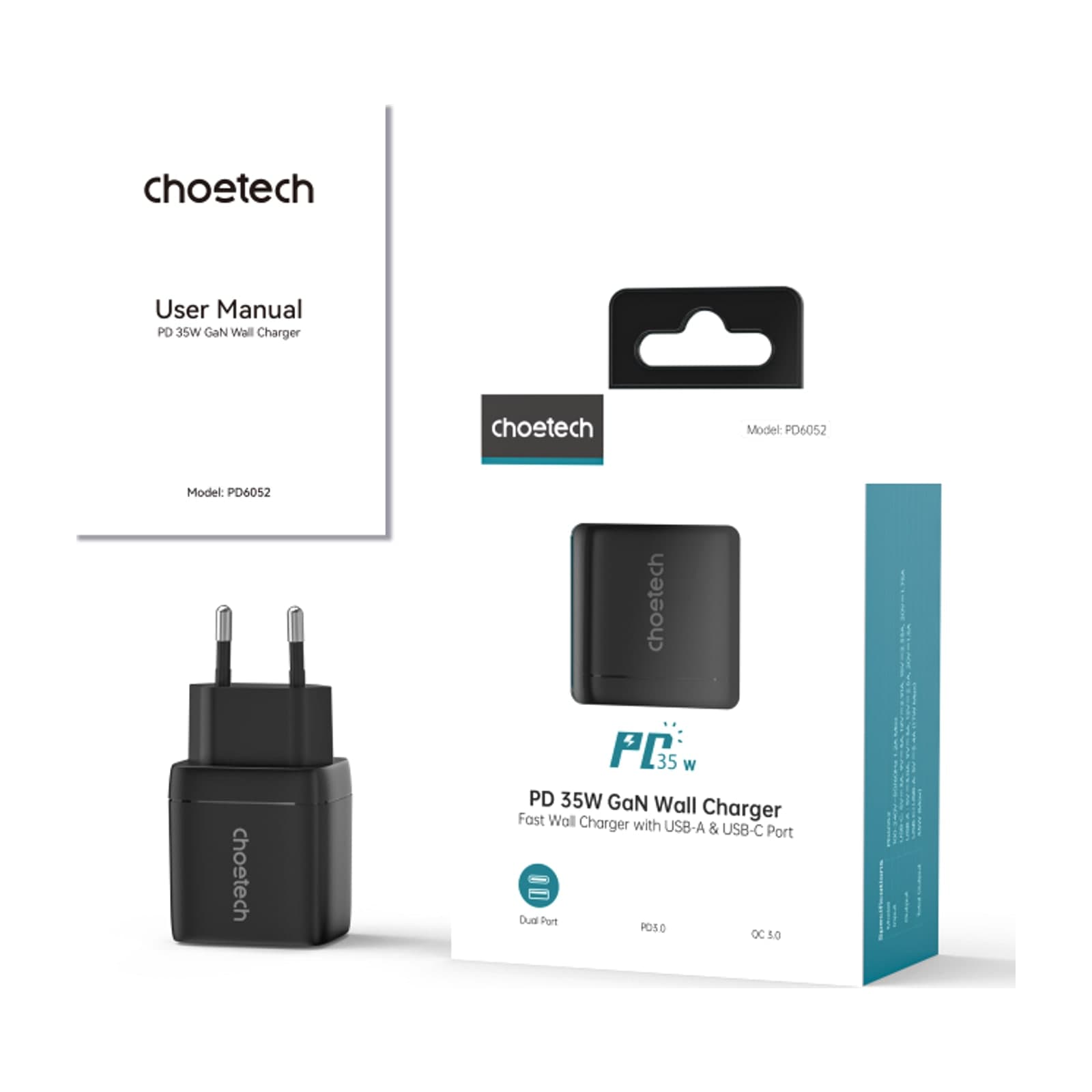 Choetech NexGen PD35W GaN Charger, with display, EU, 1A1C, black — alternate view