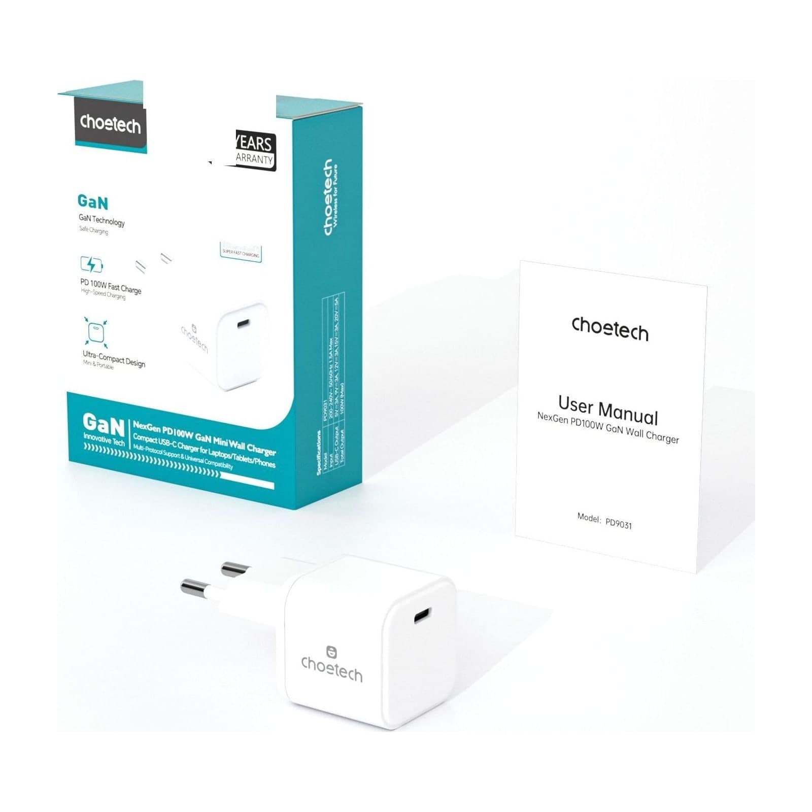 Choetech NexGen PD100W GaN Charger, mini, EU, 1C, white — alternate view