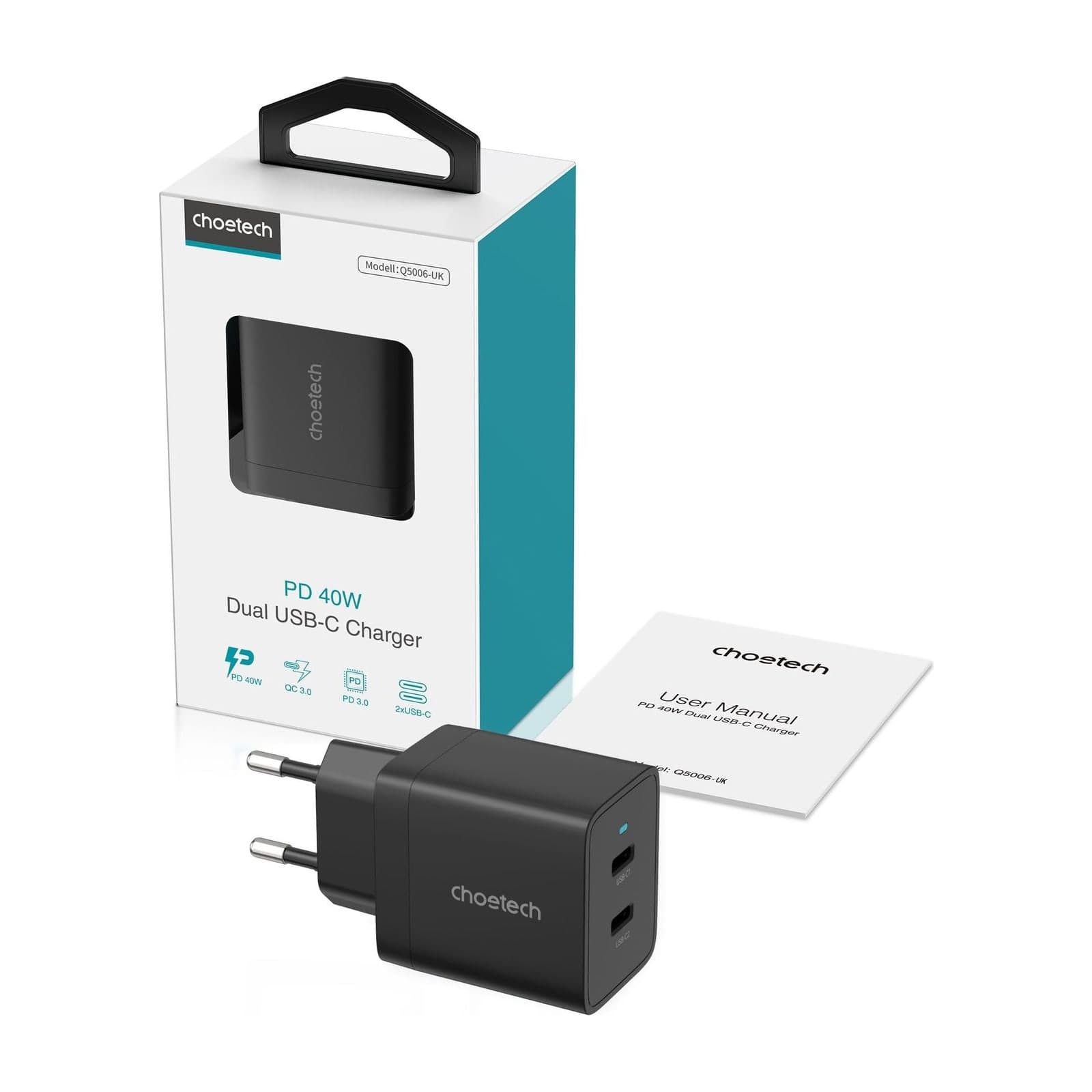 Choetech PowiX PD40W wall Charger, EU, 2C, black — alternate view