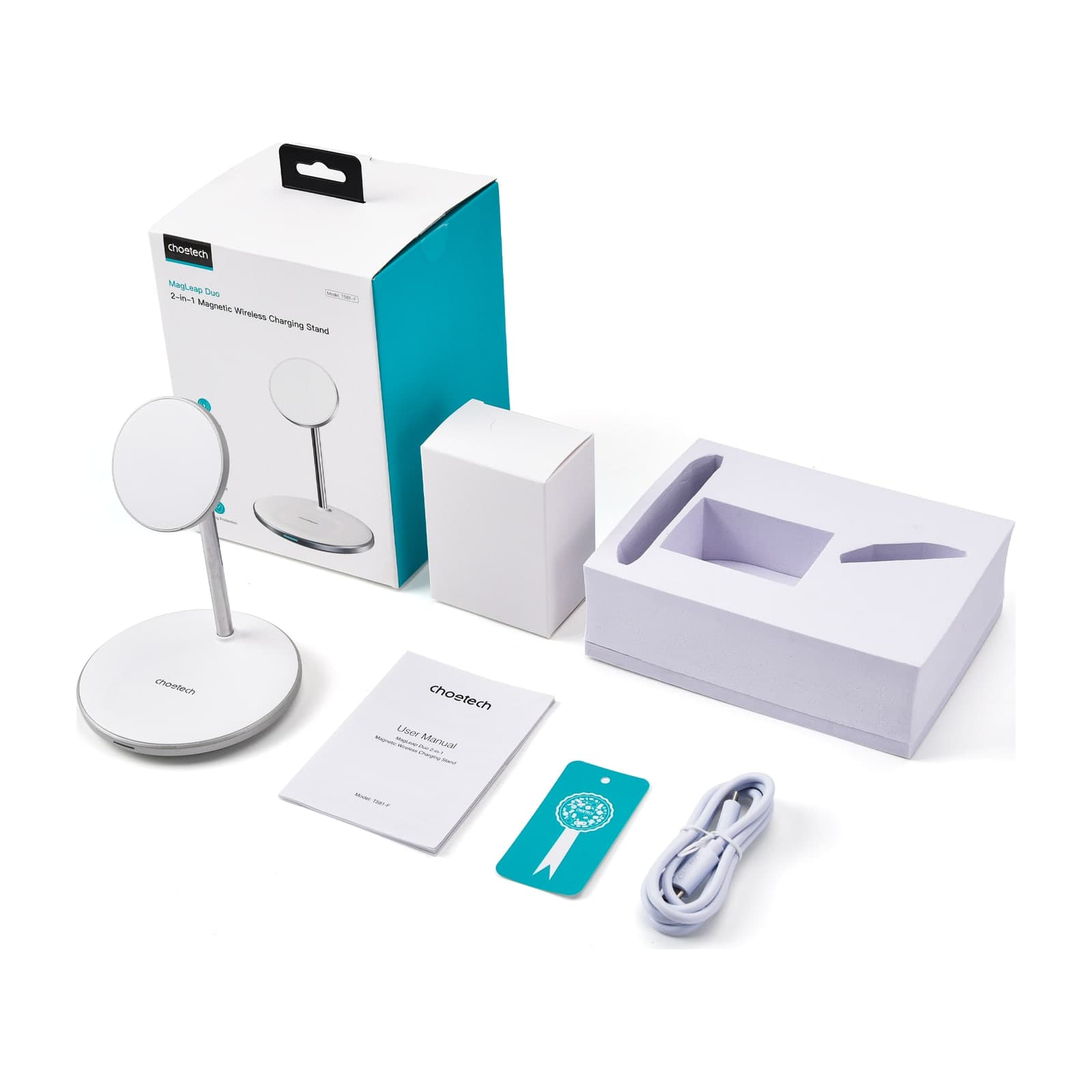 Choetech MagLeap T585-F 3-in-1 Qi2 Magnetic Wireless Charger with Stand, 15W, White — alternate view