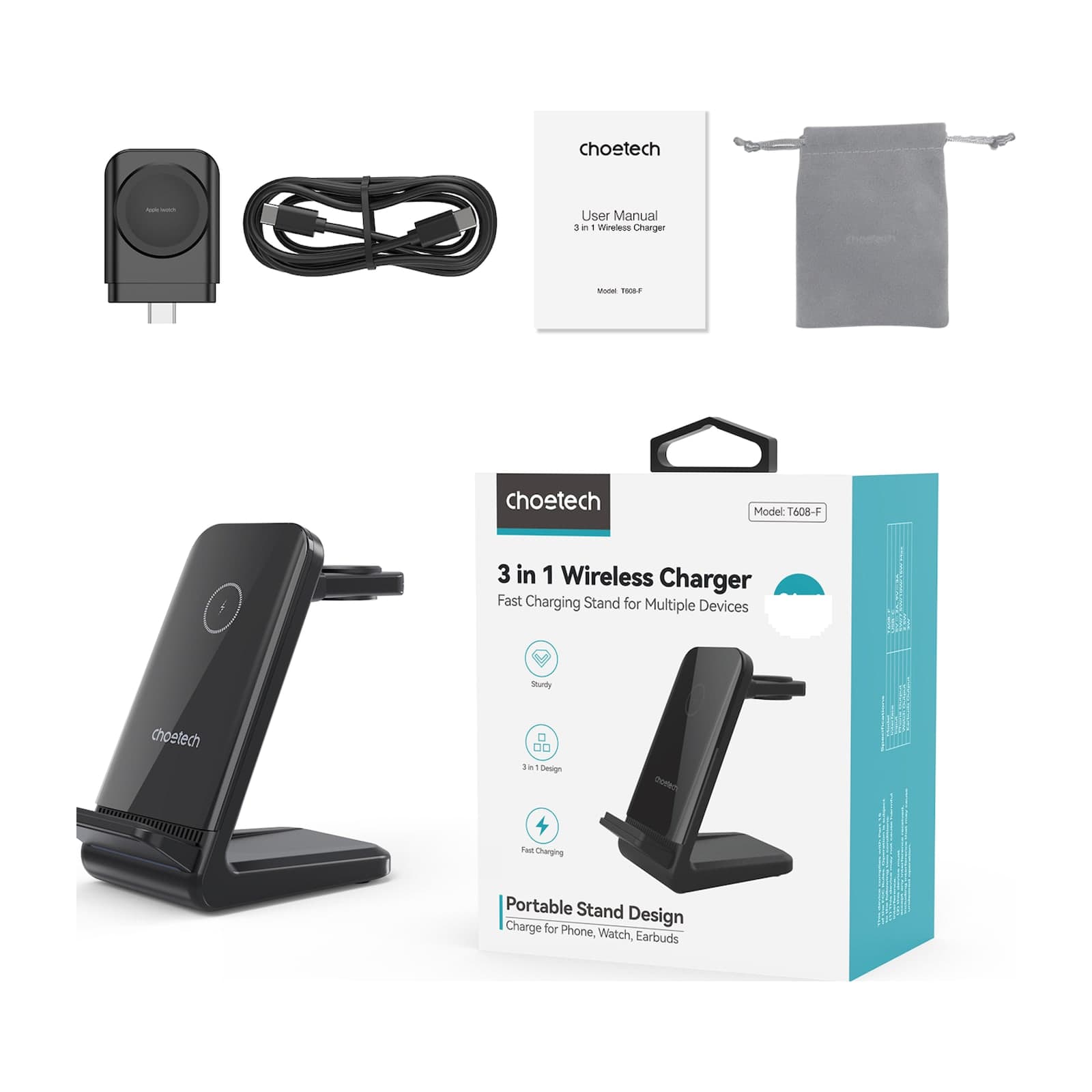 Choetech MagLeap T608-F 3-in-1 Magnetic Wireless Charger for Apple and Samsung Watches, 15W, Black — alternate view