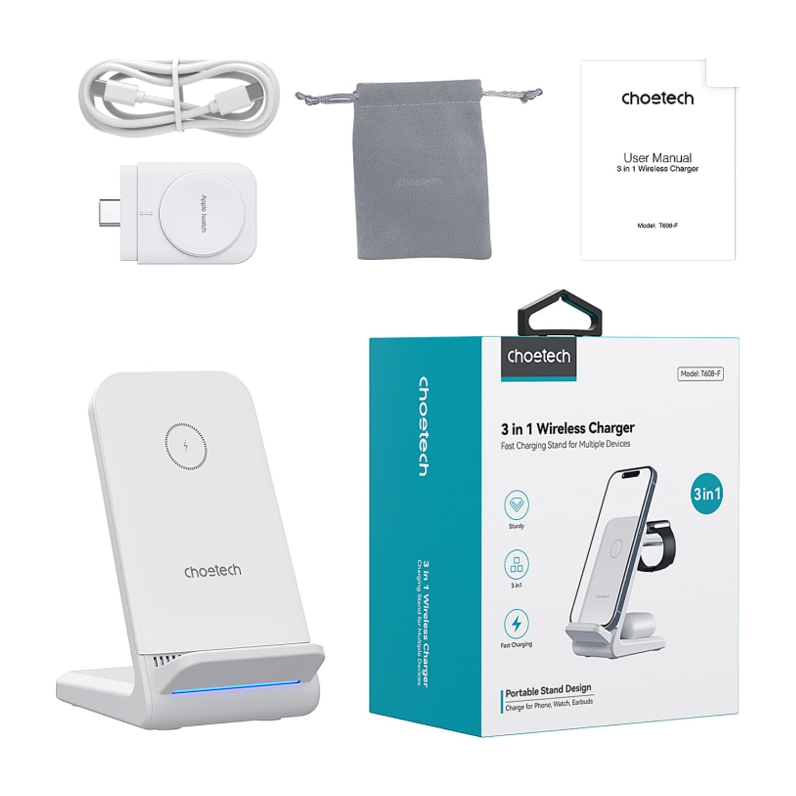 Choetech MagLeap T608-F 3-in-1 Magnetic Wireless Charger for Apple and Samsung Watches, 15W, White — alternate view