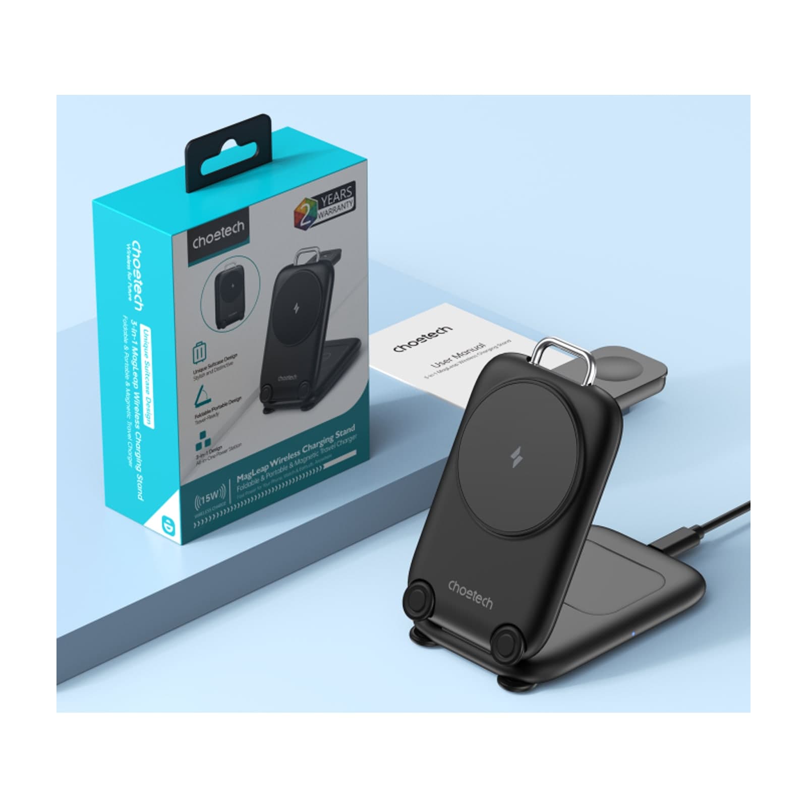 Choetech MagLeap T816-F 3-in-1 Foldable Magnetic Wireless Charger, 15W, Black — alternate view