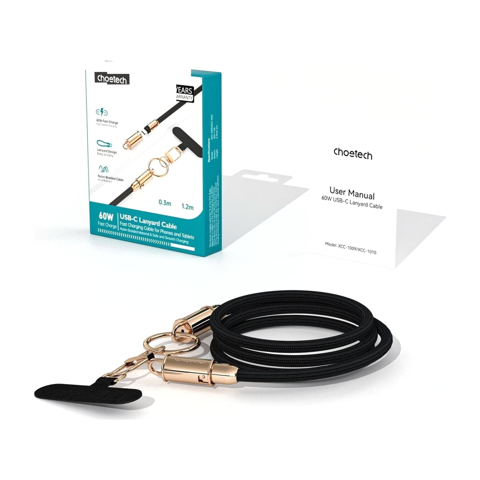 Choetech PowerSync XCC-1010 Lanyard USB-C Cable, 60 W, 1.2 m, Black — alternate view