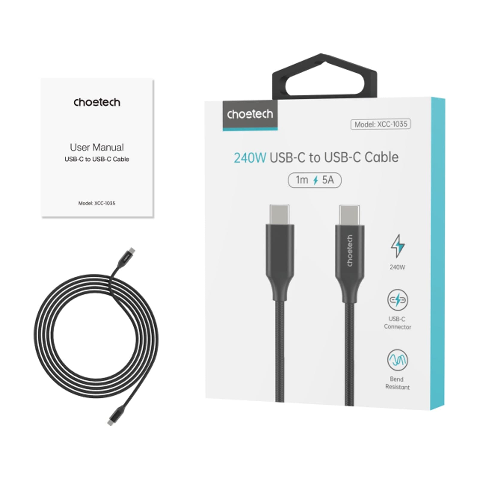Choetech باورسينك XCC-1035 كابل USB-C إلى USB-C، 240 واط، 1.2 متر، فضّي — alternate view
