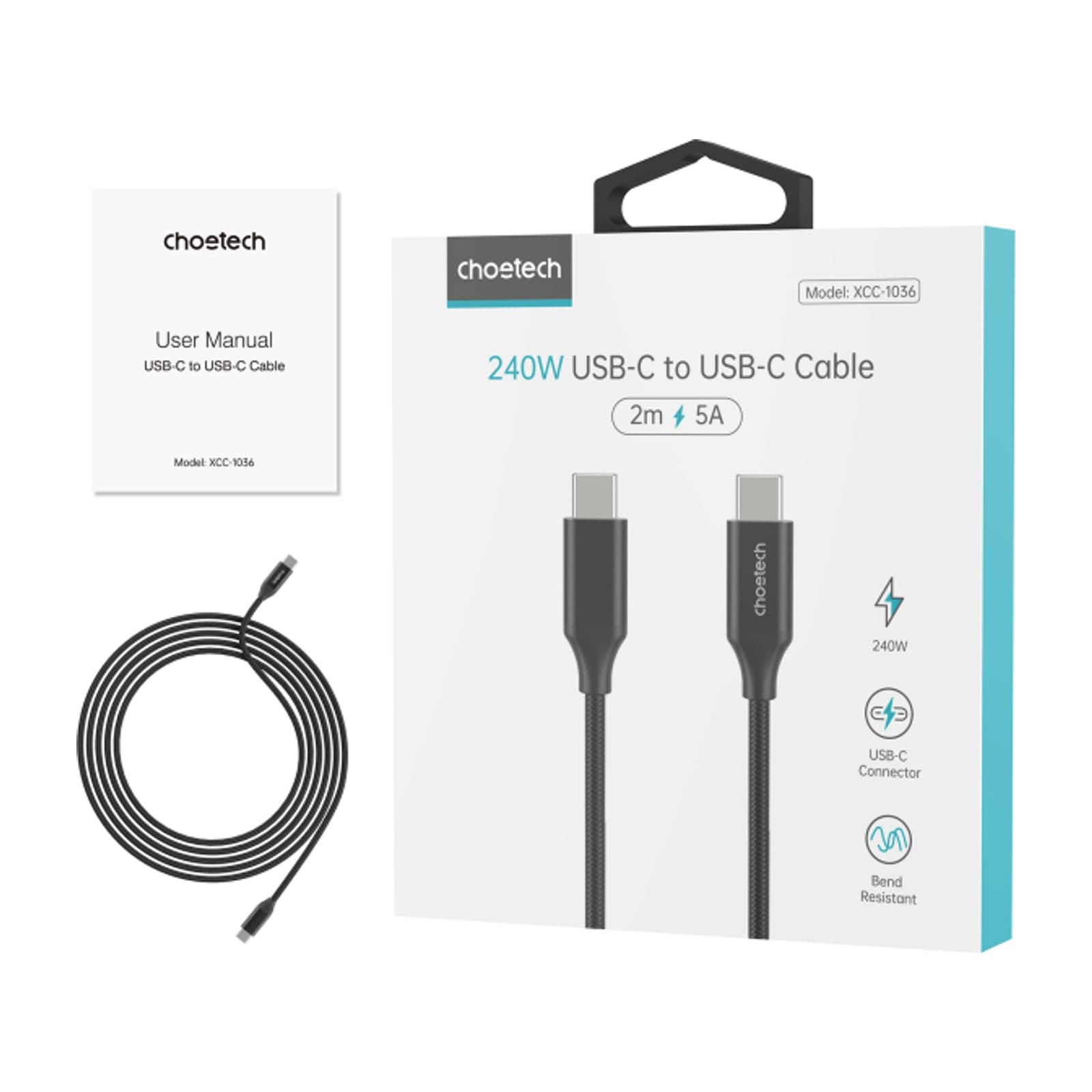 Choetech PowerSync XCC-1036 USB-C to USB-C Cable, 240 W, 2 m, Silver — alternate view